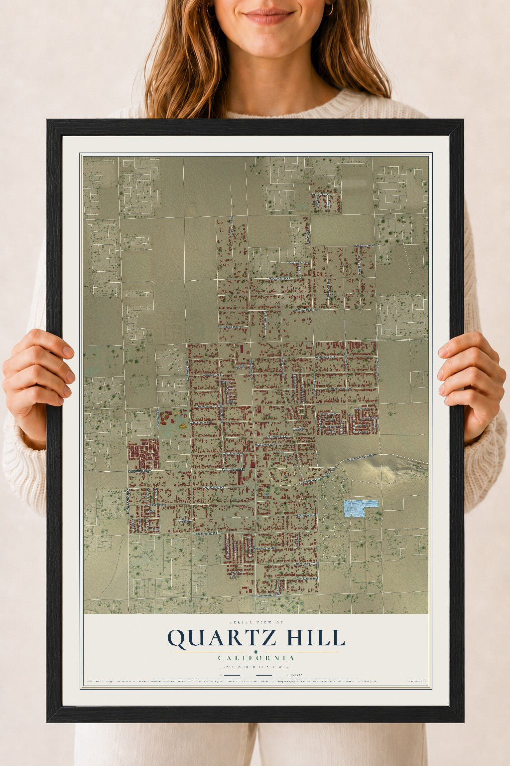 Map of Quartz Hill, California, 18 x 24 inch print in a black wood frame