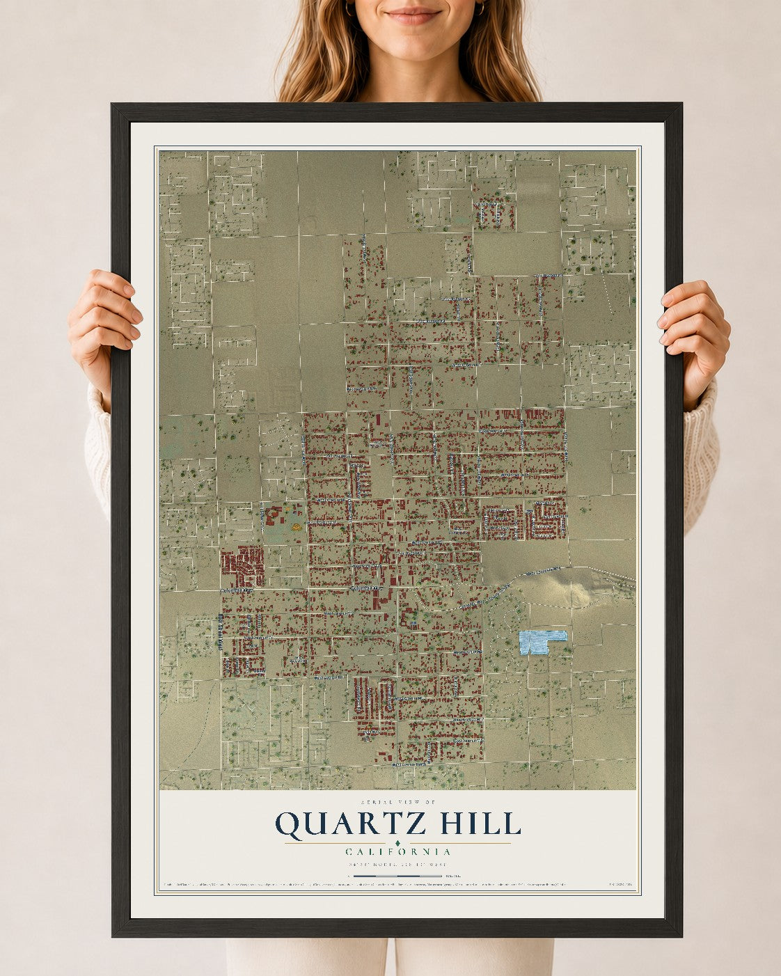 Map of Quartz Hill, California, 24 x 36 inch print in a black wood frame