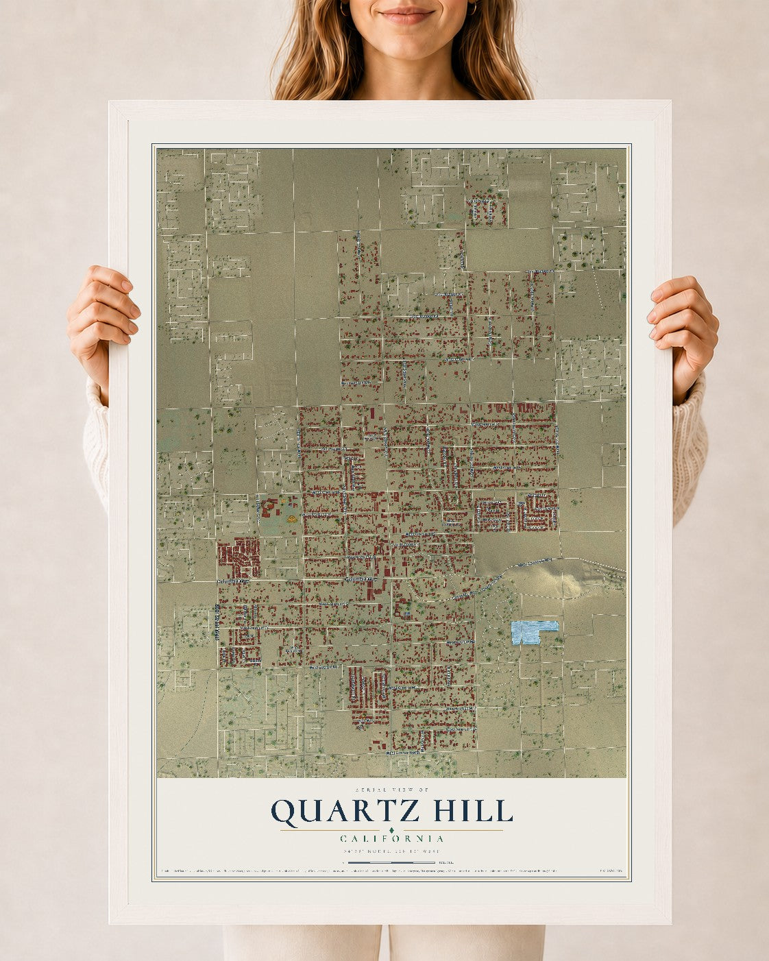 Map of Quartz Hill, California, 24 x 36 inch print in a white wood frame