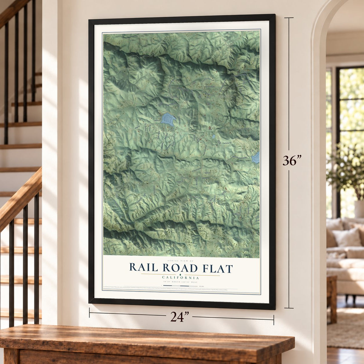 Rail Road Flat, California map, 24 x 36 inch print in a black frame by a staircase