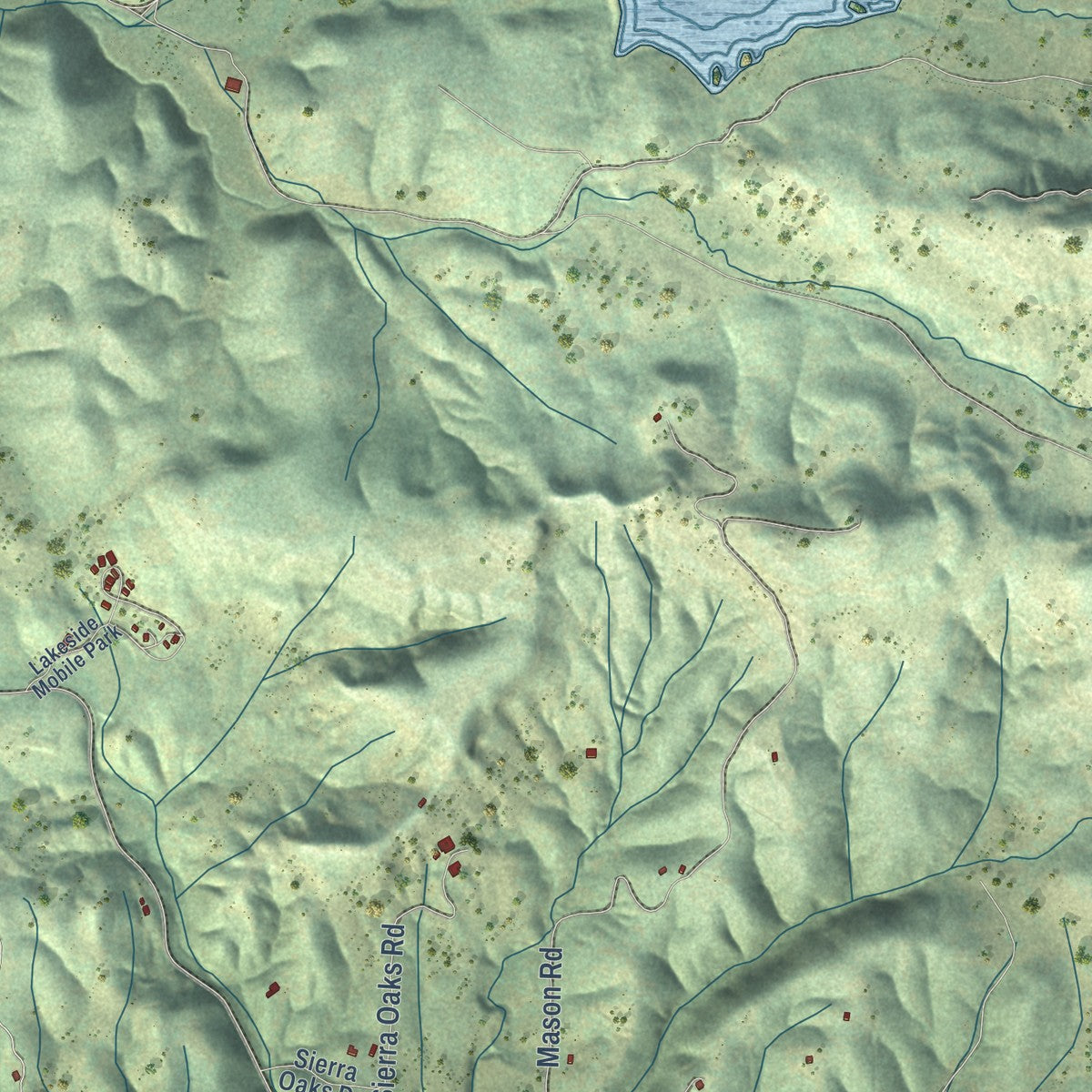 Close-up of the map of Rail Road Flat, California print showing street and building detail