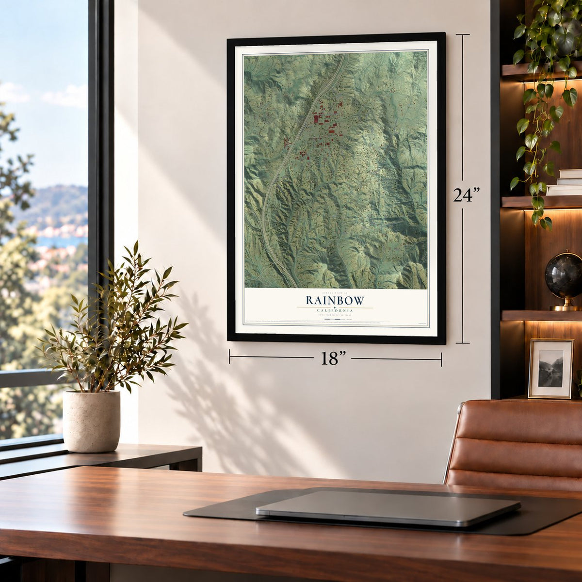 Rainbow, California map, 18 x 24 inch print in a black frame in a home office