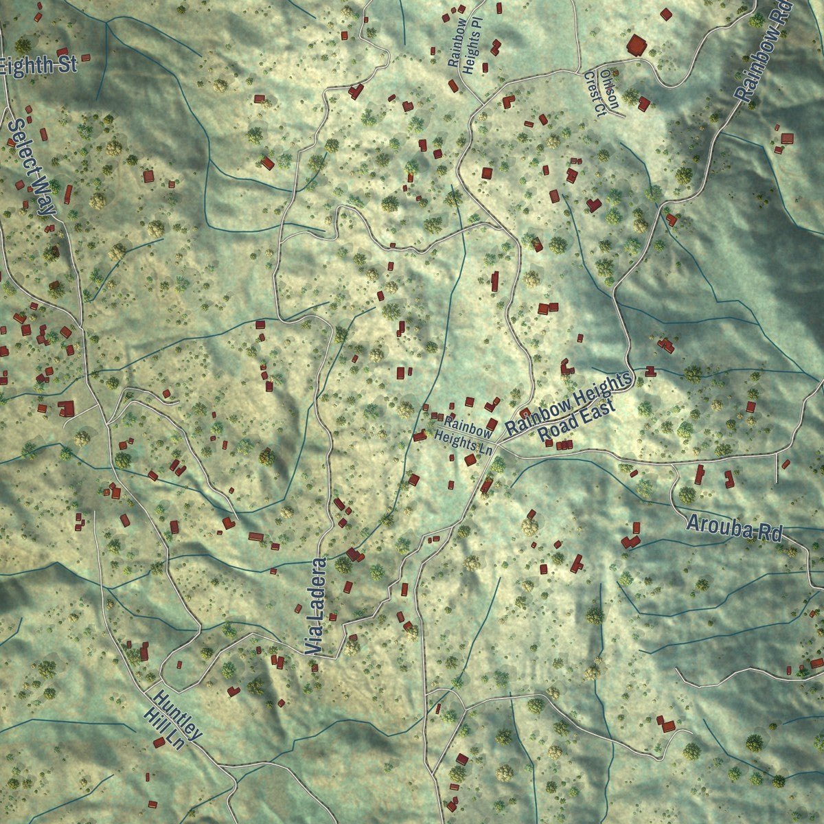 Close-up of the map of Rainbow, California print showing street and building detail