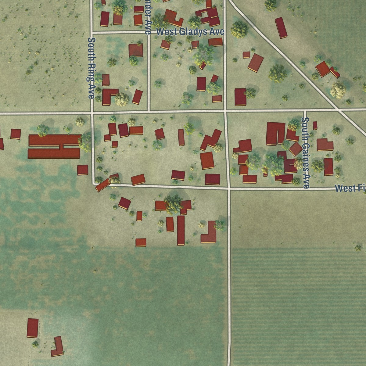Close-up of the map of Raisin City, California print showing street and building detail