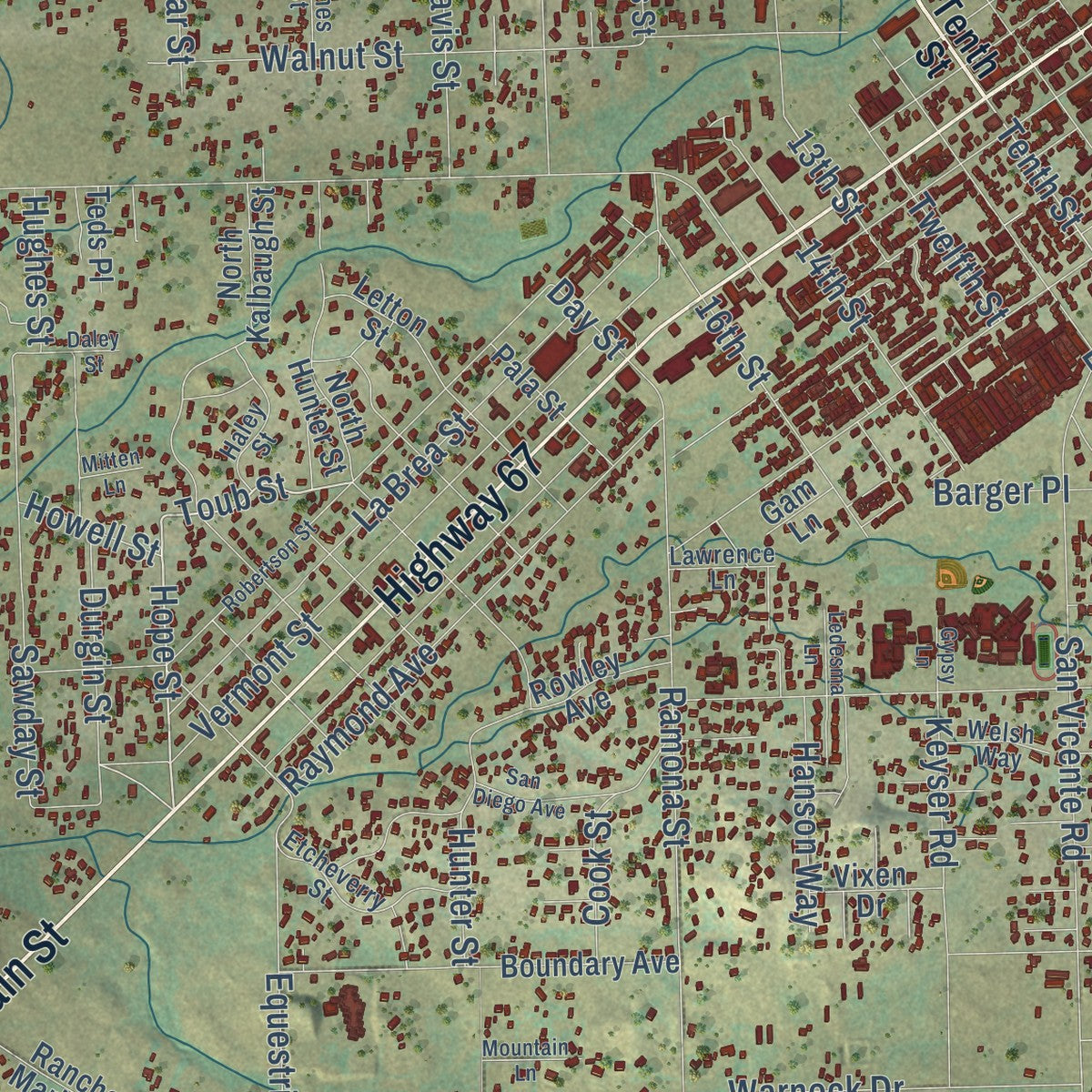 Close-up of the map of Ramona, California print showing street and building detail