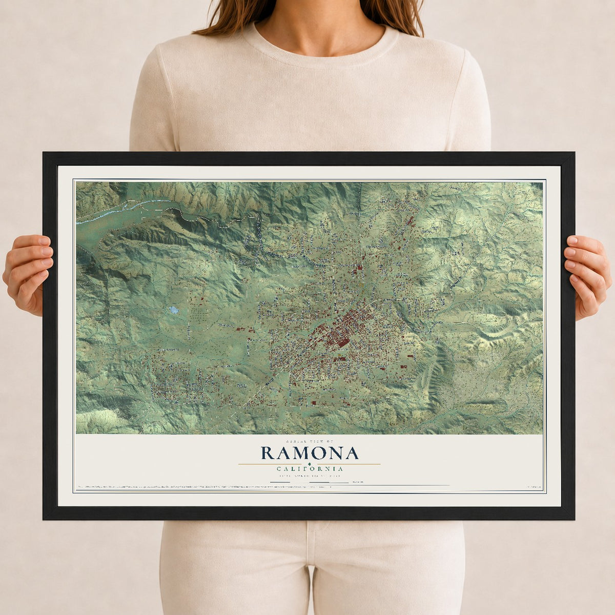Map of Ramona, California, 12 x 18 inch print in a black wood frame