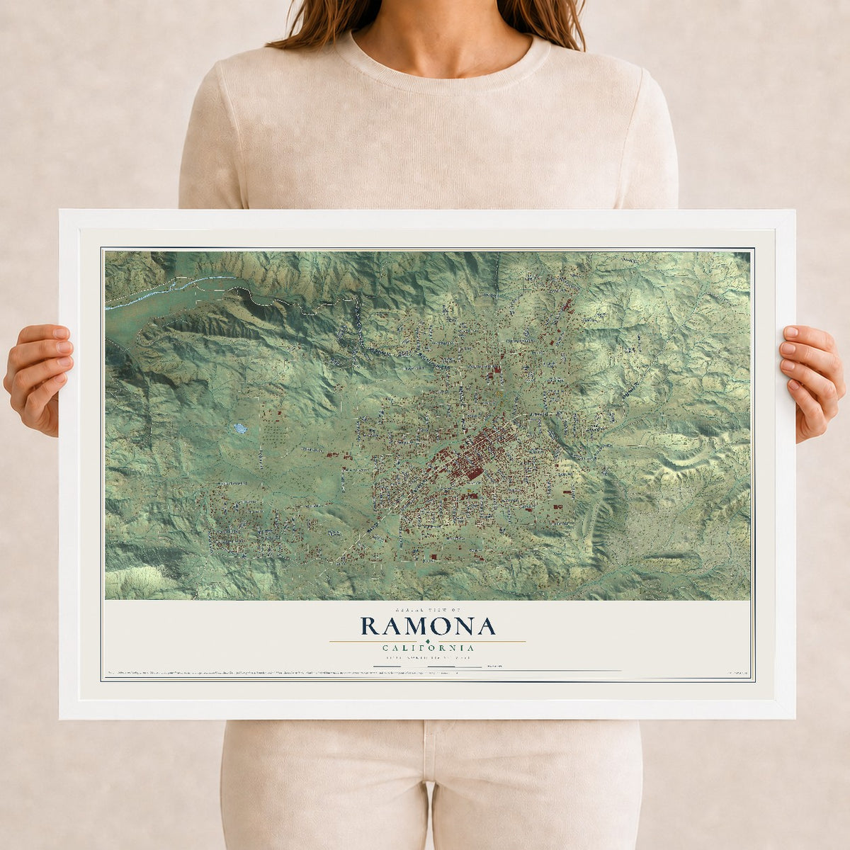 Map of Ramona, California, 12 x 18 inch print in a white wood frame