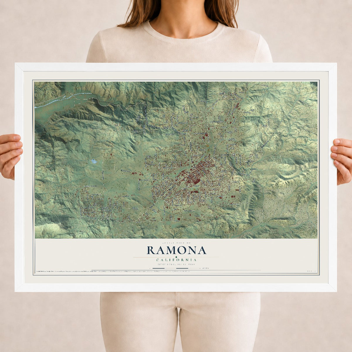 Map of Ramona, California, 18 x 24 inch print in a white wood frame