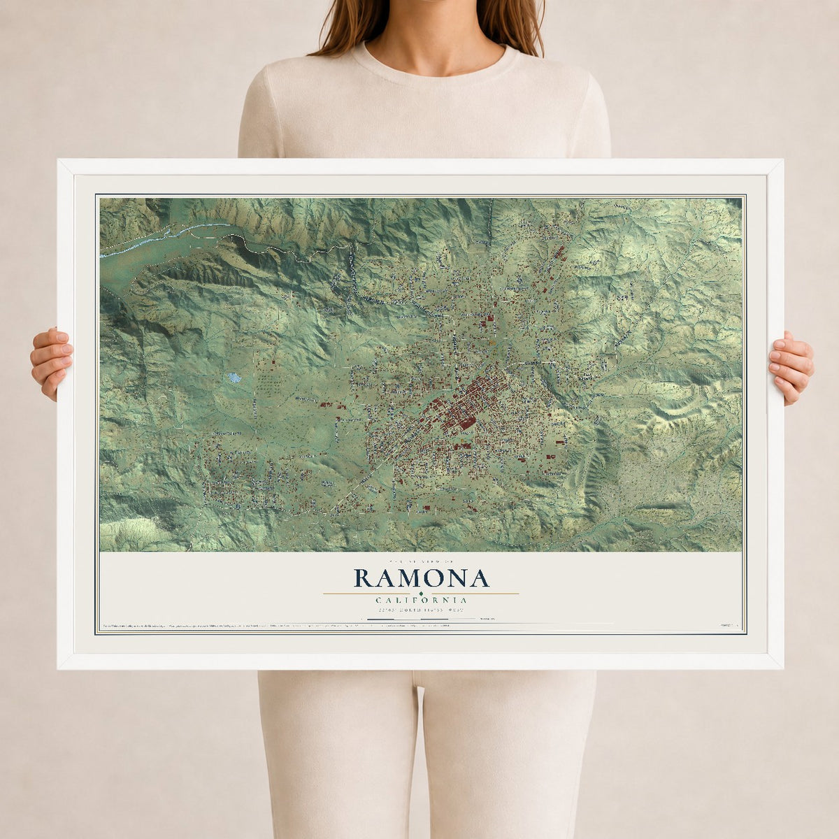 Map of Ramona, California, 24 x 36 inch print in a white wood frame