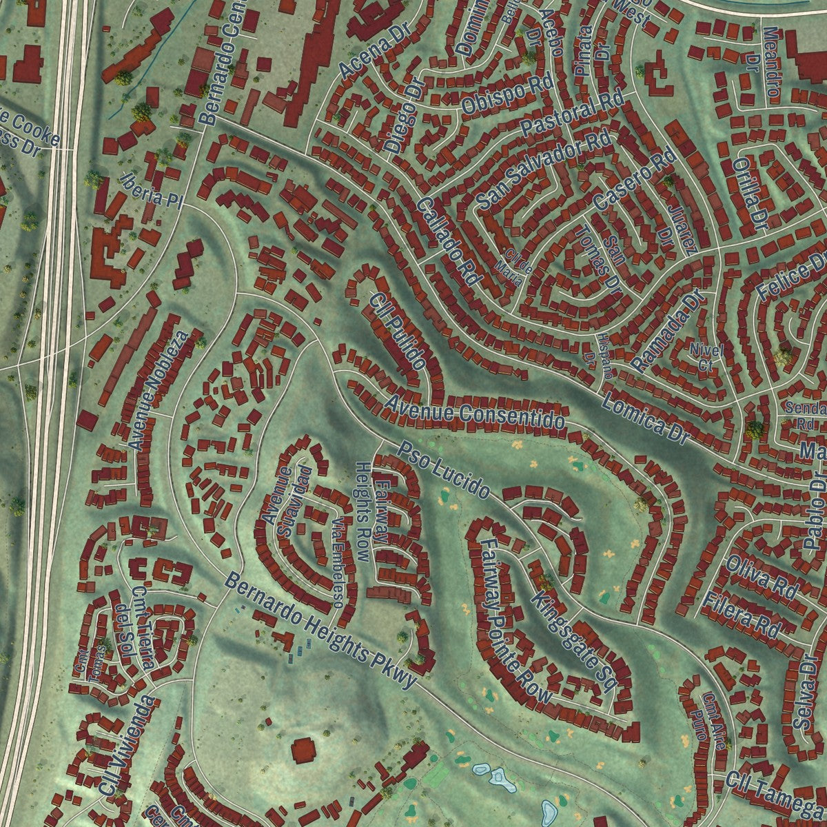Close-up of the map of Rancho Bernardo, California print showing street and building detail