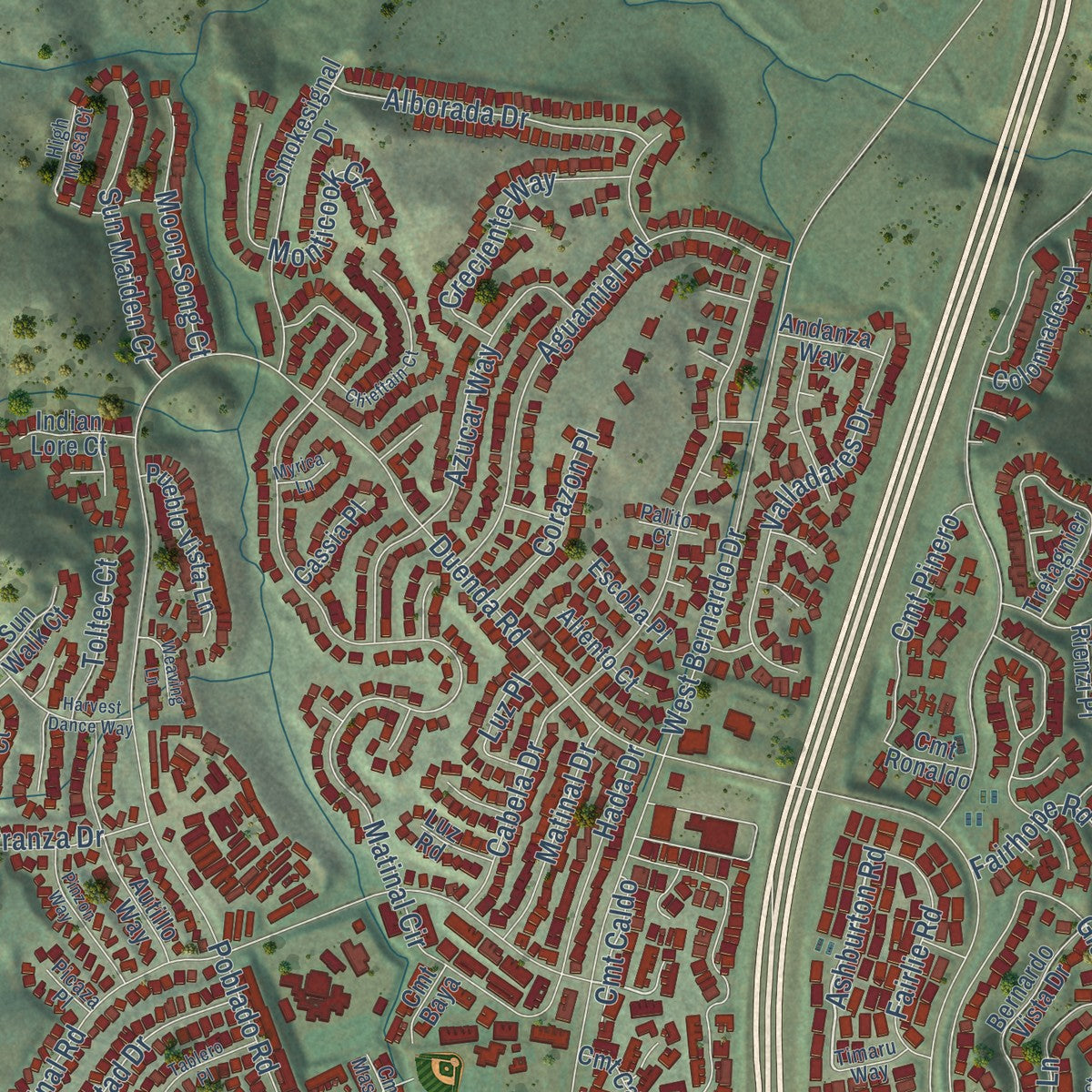 Second close-up of the map of Rancho Bernardo, California print showing more streets and buildings