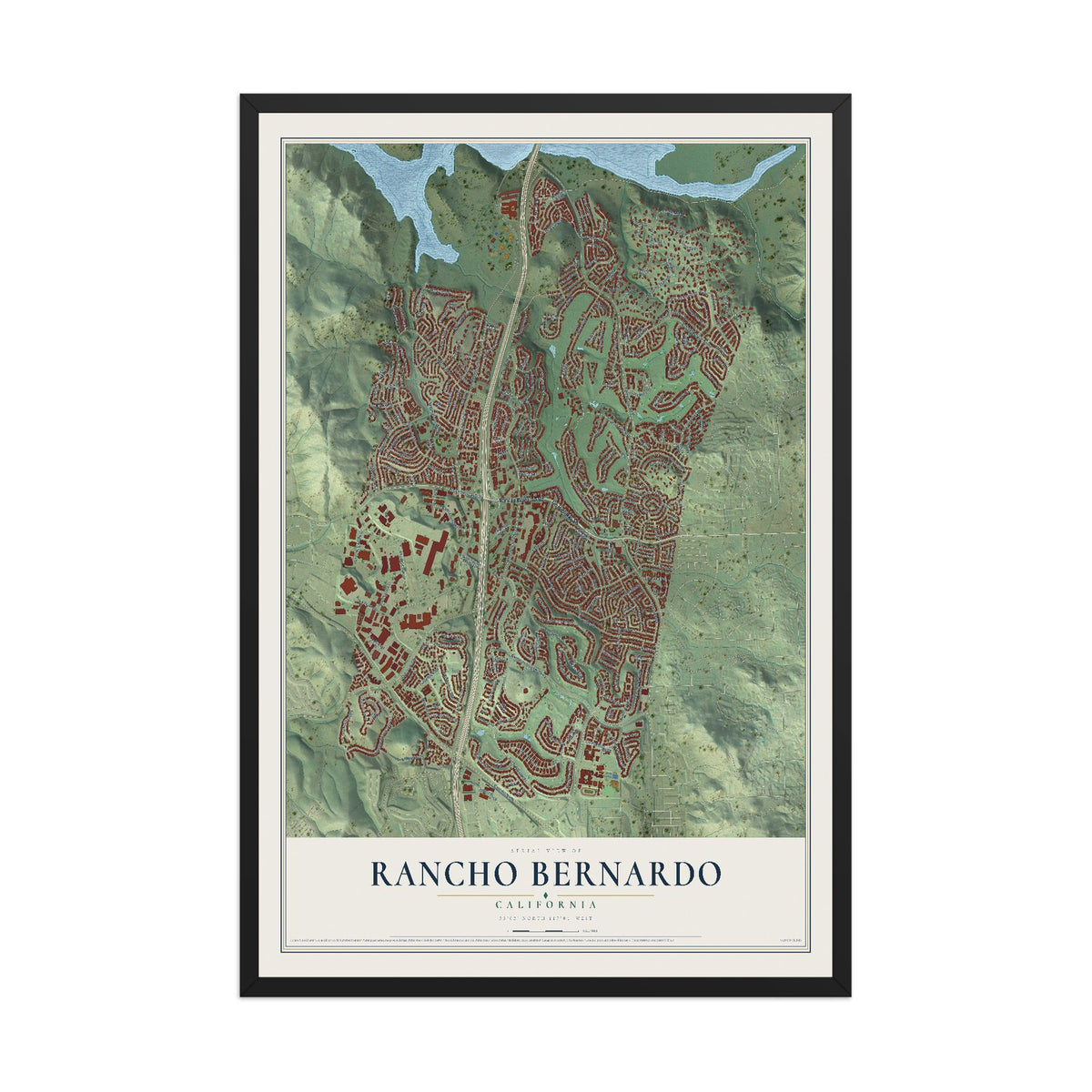 Map of Rancho Bernardo, California, 12 x 18 inch print in a black wood frame