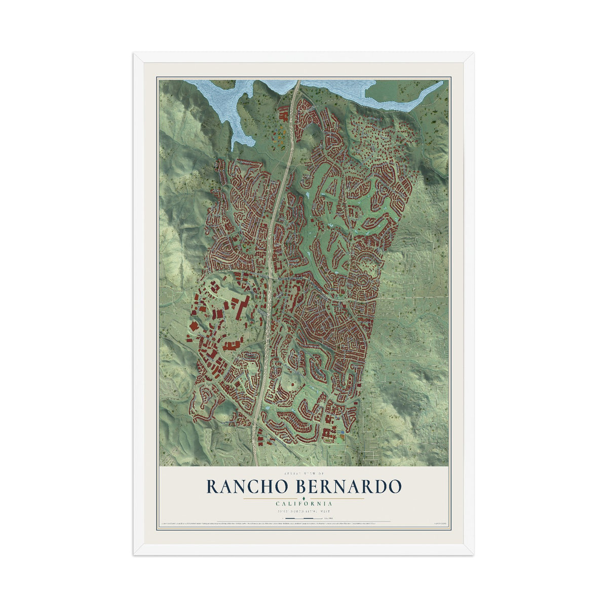 Map of Rancho Bernardo, California, 12 x 18 inch print in a white wood frame
