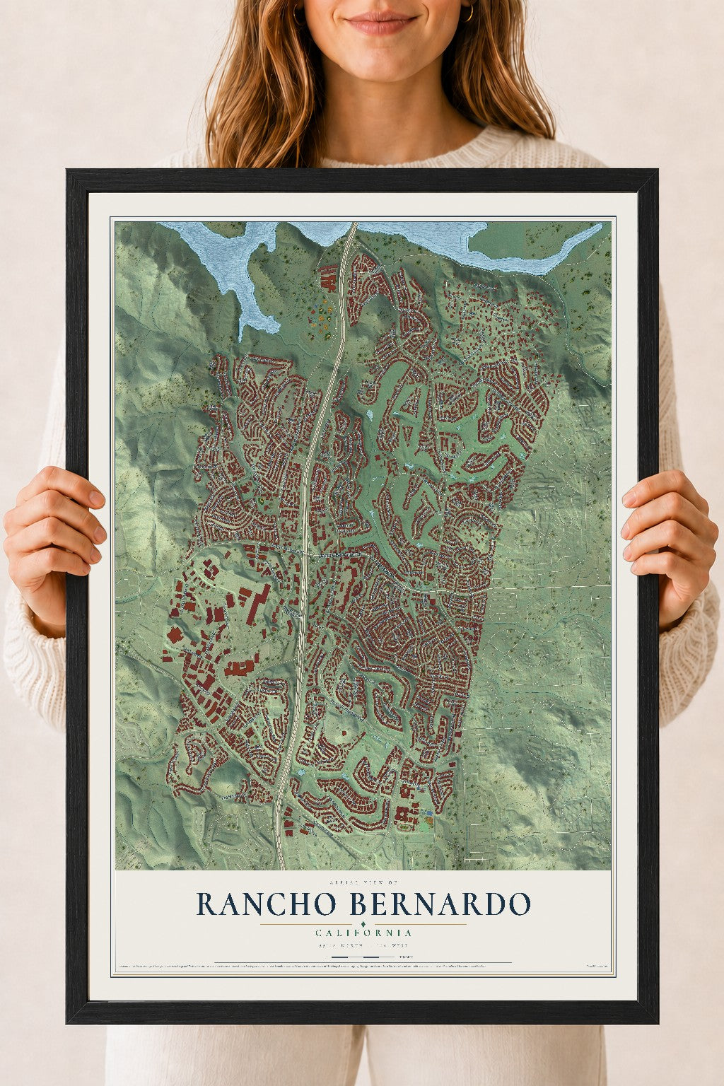 Map of Rancho Bernardo, California, 18 x 24 inch print in a black wood frame