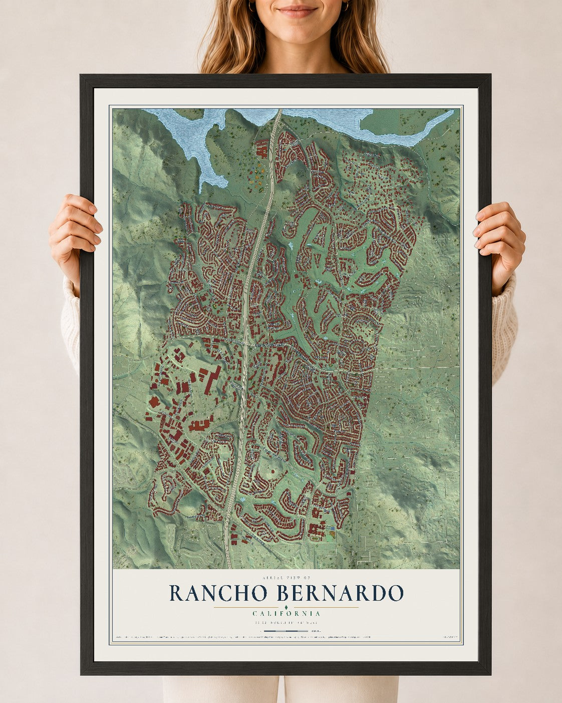 Map of Rancho Bernardo, California, 24 x 36 inch print in a black wood frame