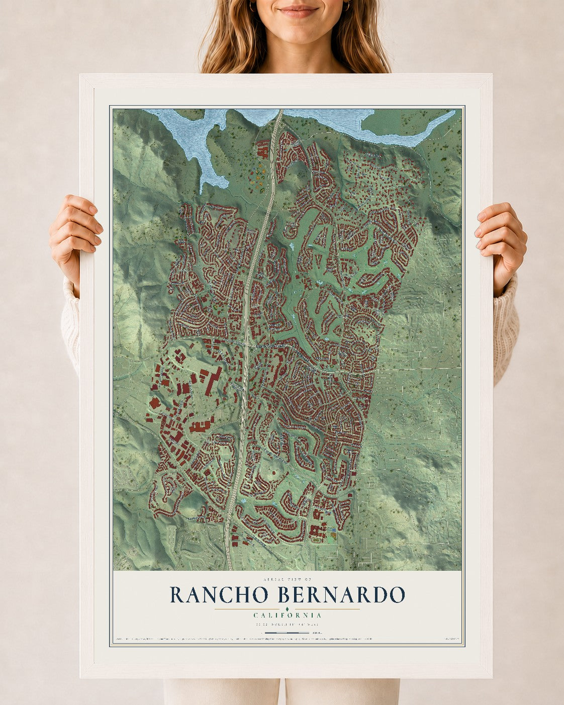 Map of Rancho Bernardo, California, 24 x 36 inch print in a white wood frame