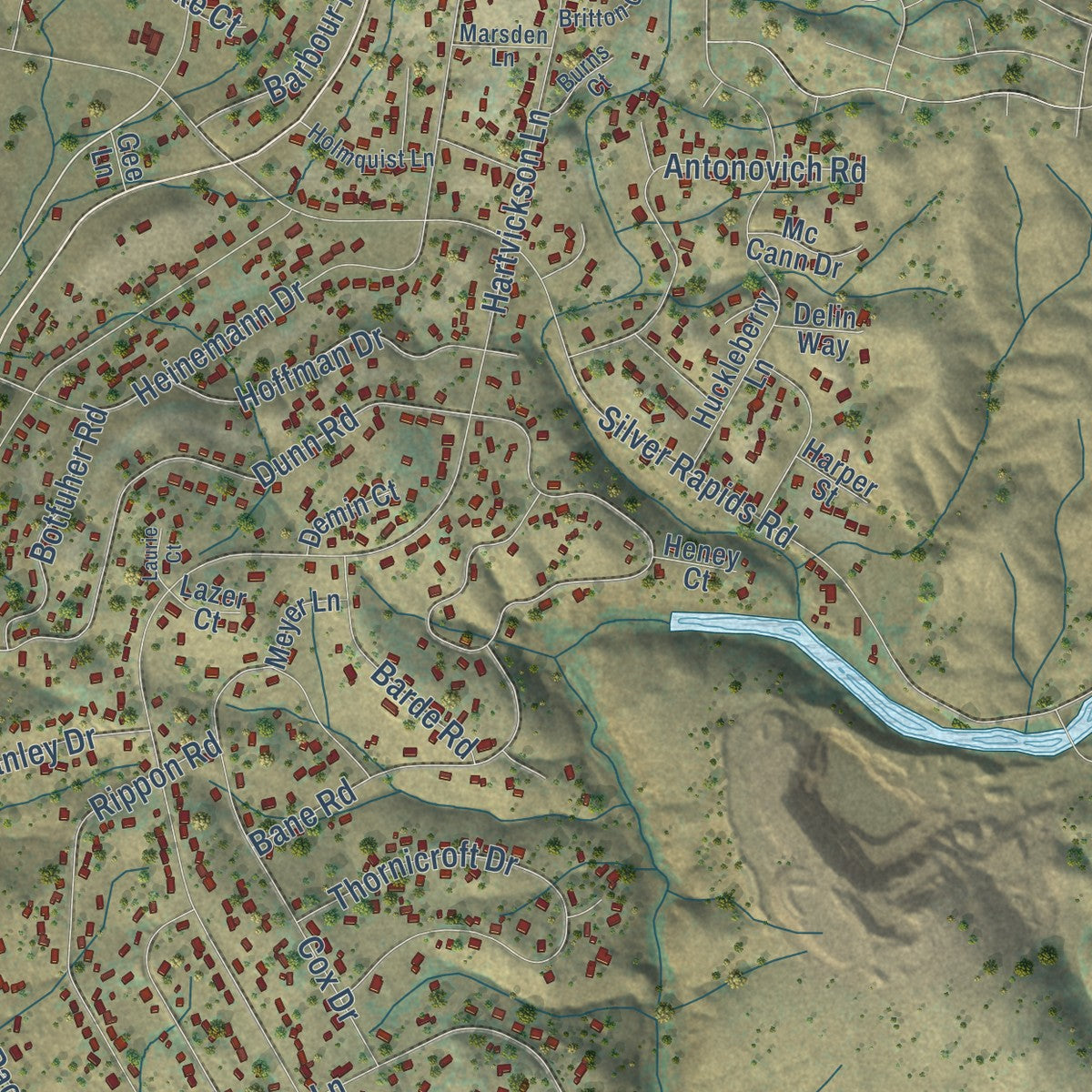 Close-up of the map of Rancho Calaveras, California print showing street and building detail