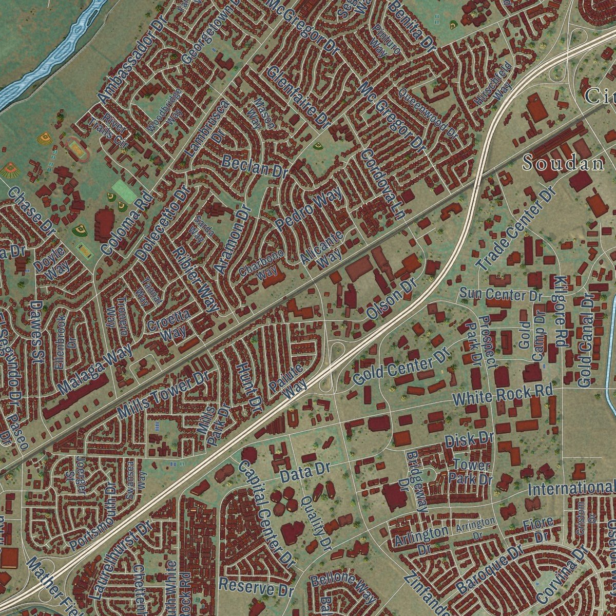 Close-up of the map of Rancho Cordova, California print showing street and building detail