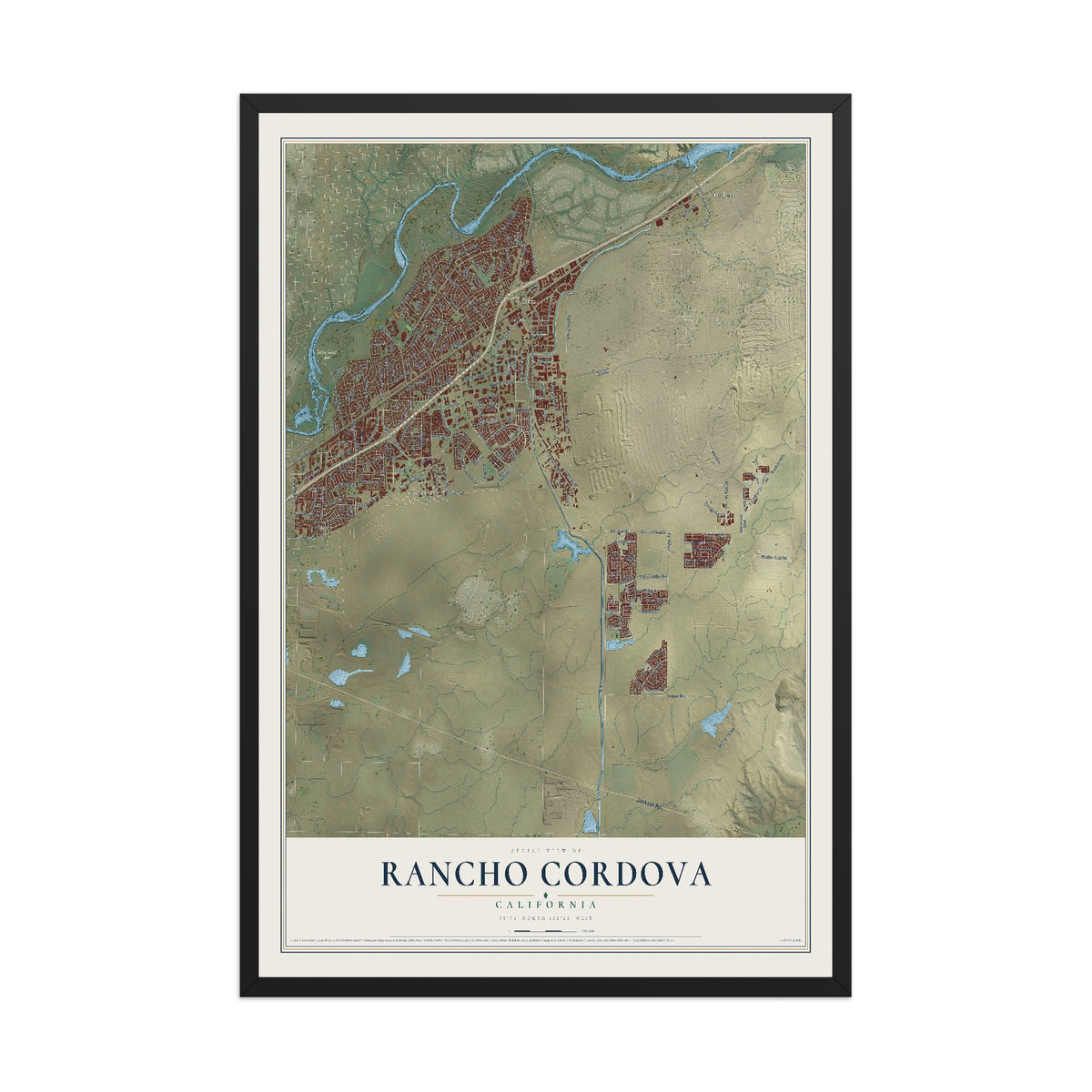 Map of Rancho Cordova, California, 12 x 18 inch print in a black wood frame