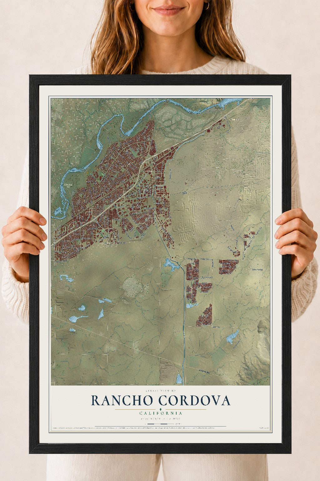 Map of Rancho Cordova, California, 18 x 24 inch print in a black wood frame