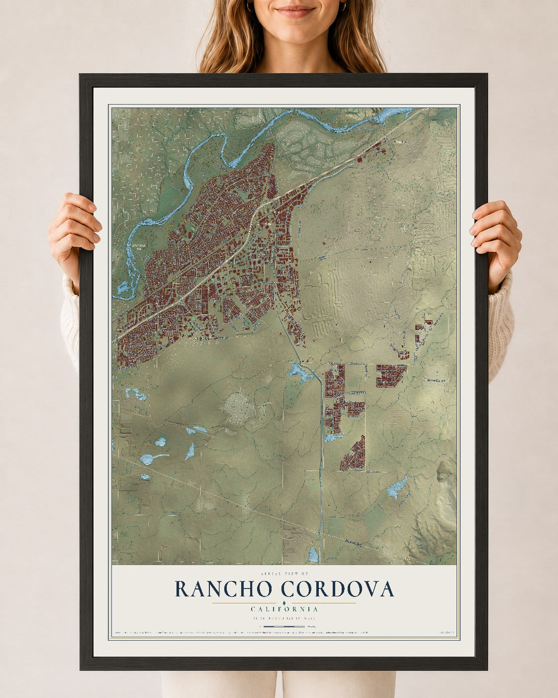 Map of Rancho Cordova, California, 24 x 36 inch print in a black wood frame