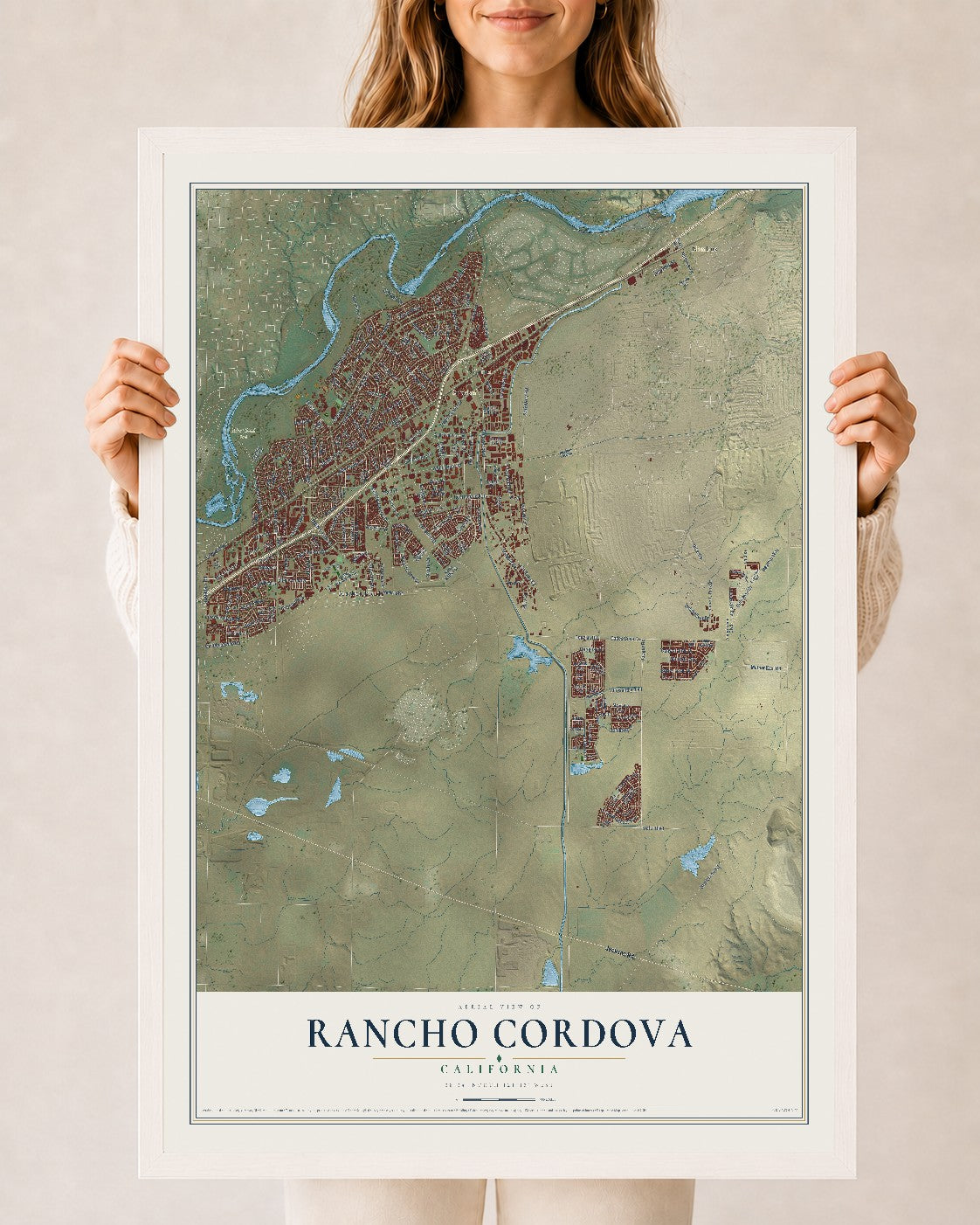 Map of Rancho Cordova, California, 24 x 36 inch print in a white wood frame