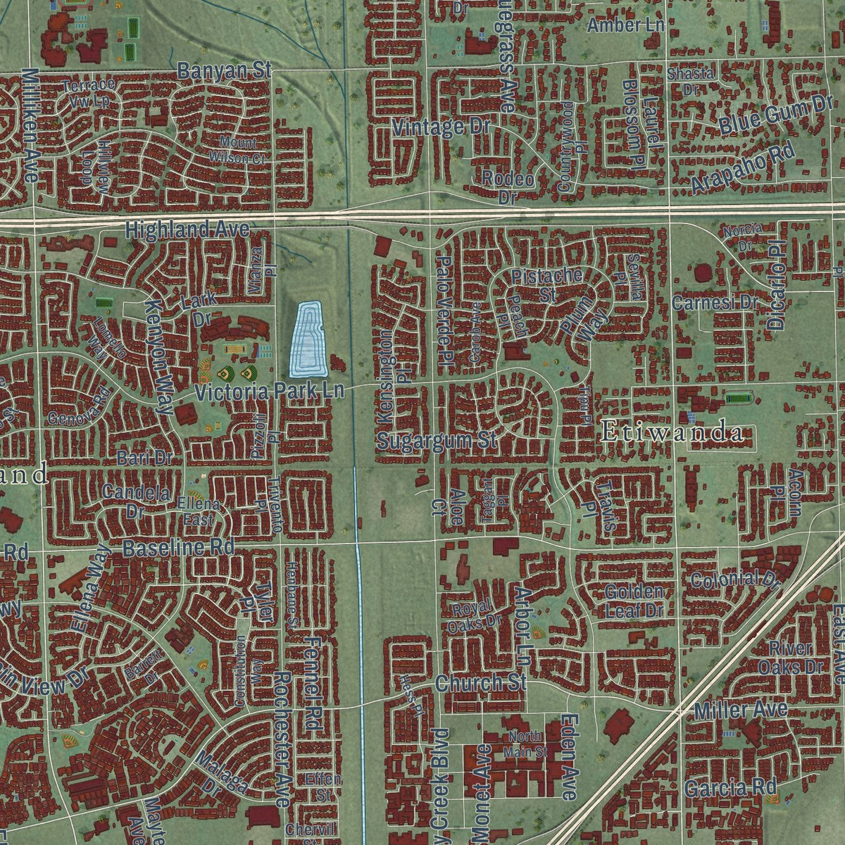 Second close-up of the map of Rancho Cucamonga, California print showing more streets and buildings
