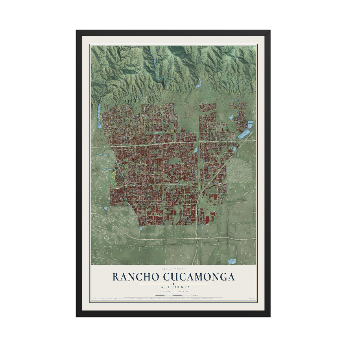 Map of Rancho Cucamonga, California, 12 x 18 inch print in a black wood frame