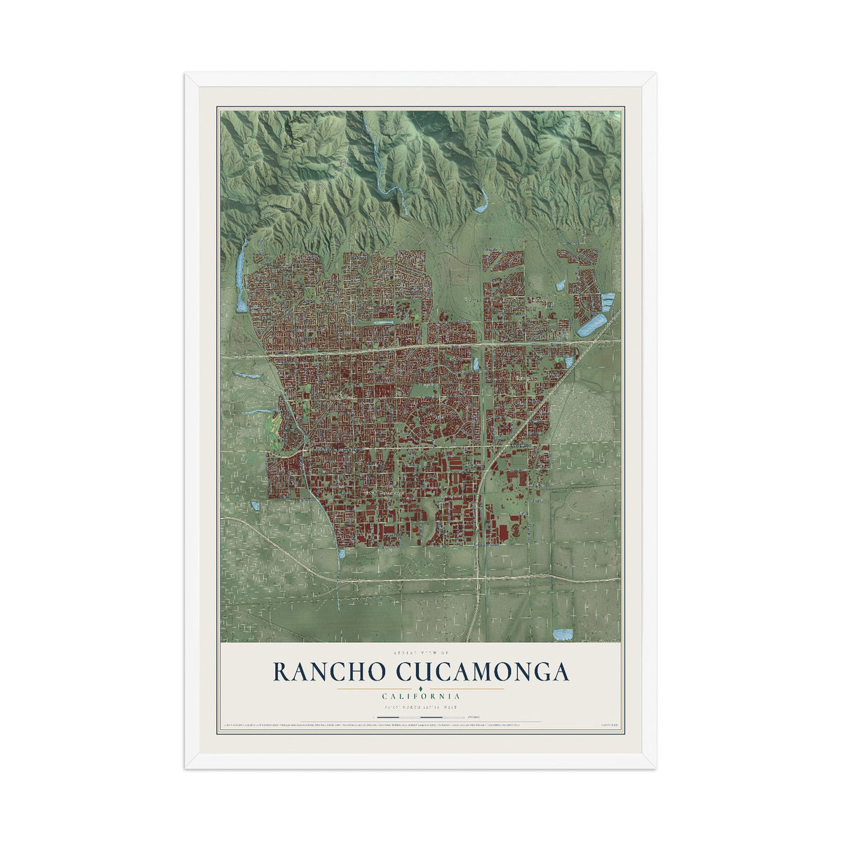 Map of Rancho Cucamonga, California, 12 x 18 inch print in a white wood frame