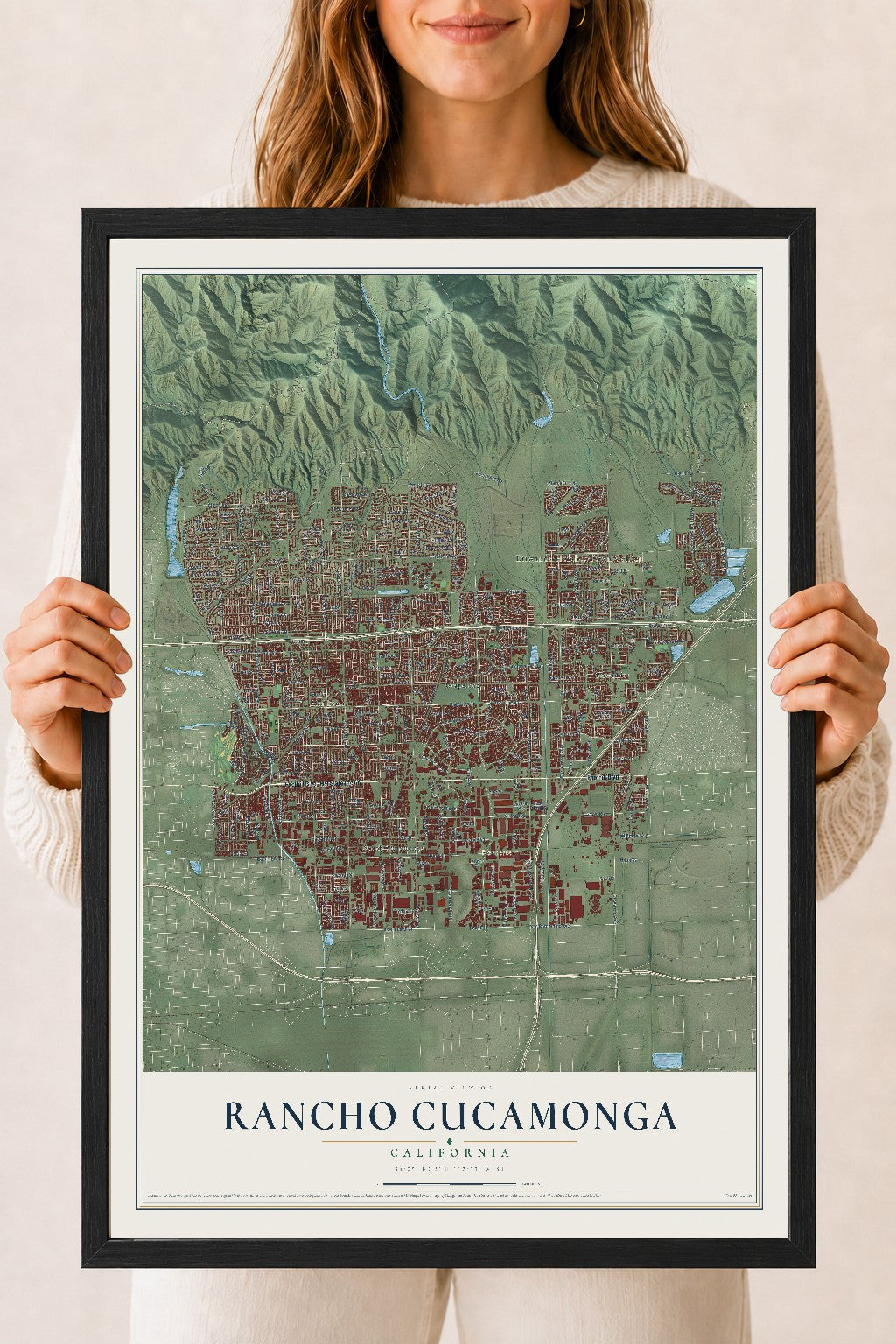 Map of Rancho Cucamonga, California, 18 x 24 inch print in a black wood frame