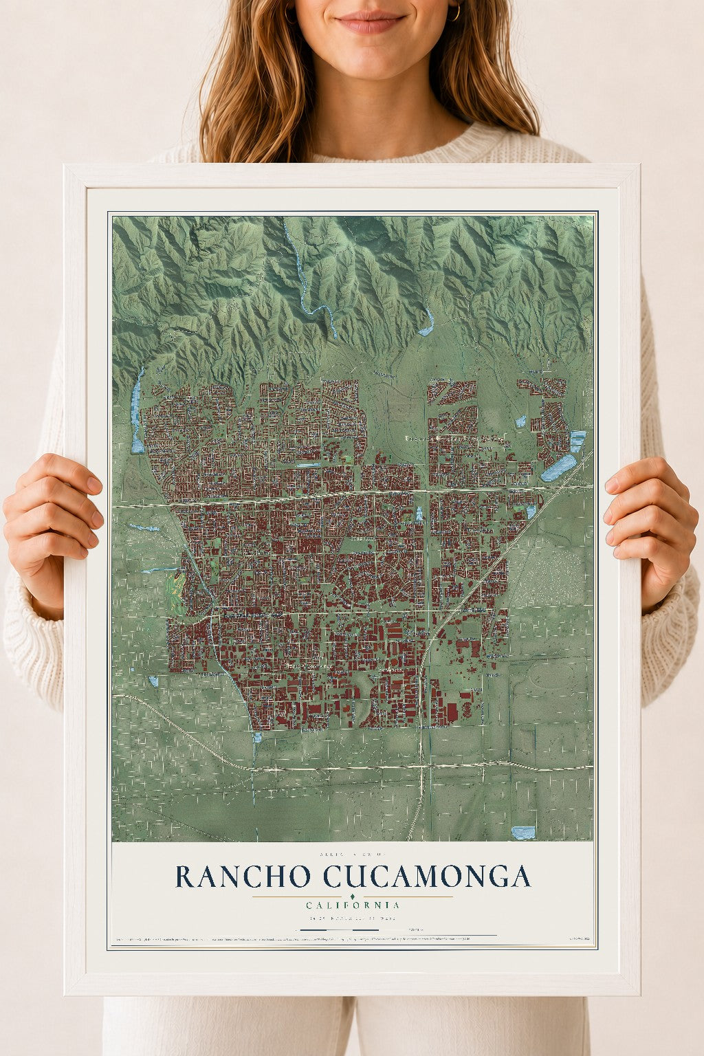 Map of Rancho Cucamonga, California, 18 x 24 inch print in a white wood frame