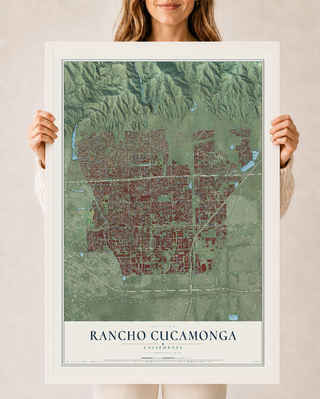 Map of Rancho Cucamonga, California, 24 x 36 inch print in a white wood frame