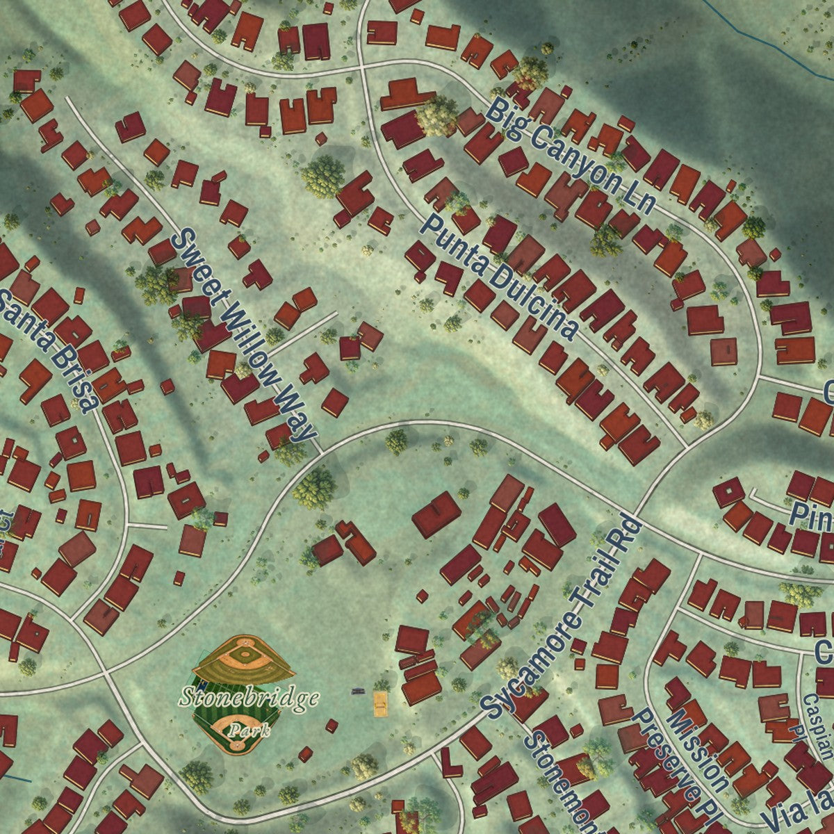 Close-up of the map of Rancho Encantada, California print showing street and building detail