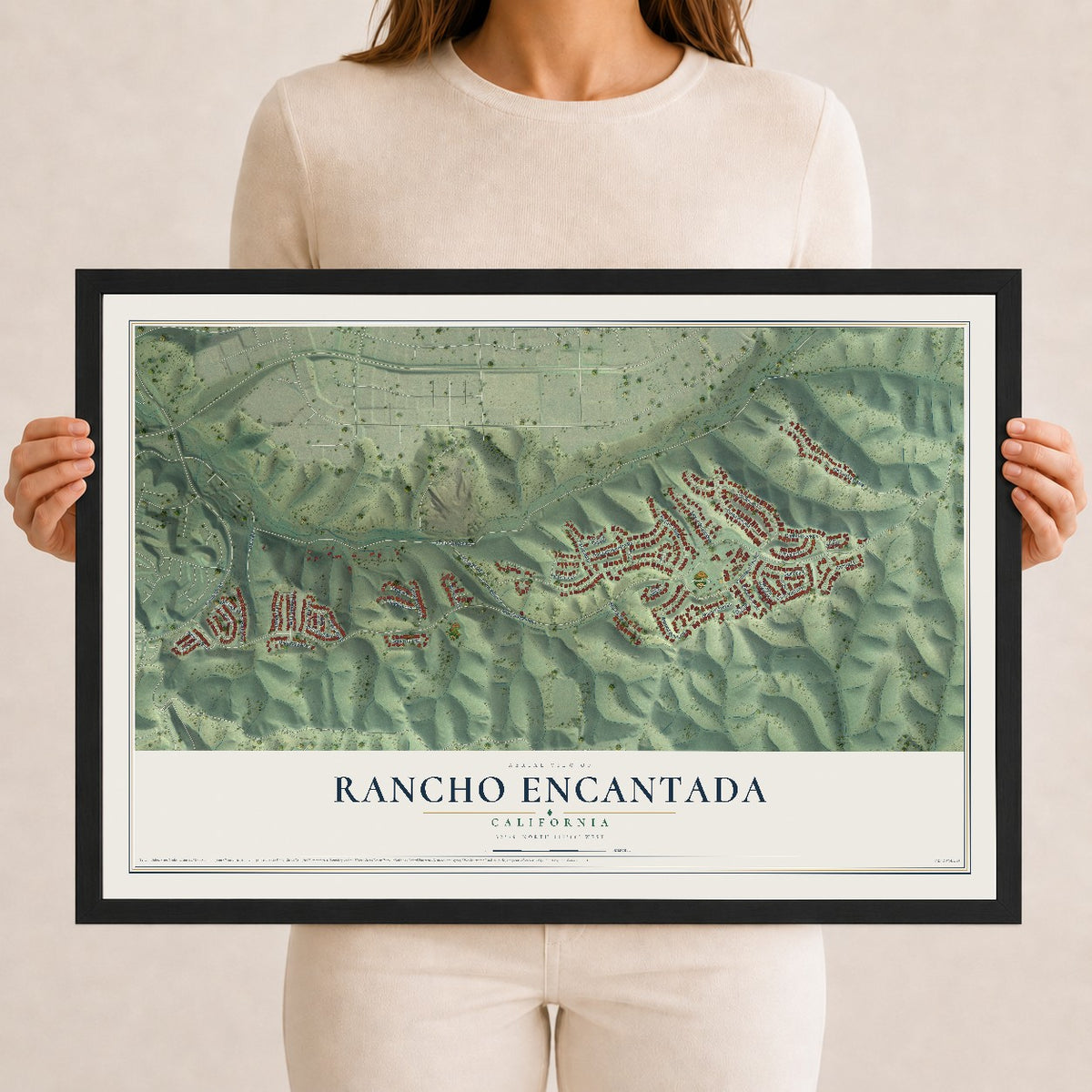 Map of Rancho Encantada, California, 12 x 18 inch print in a black wood frame