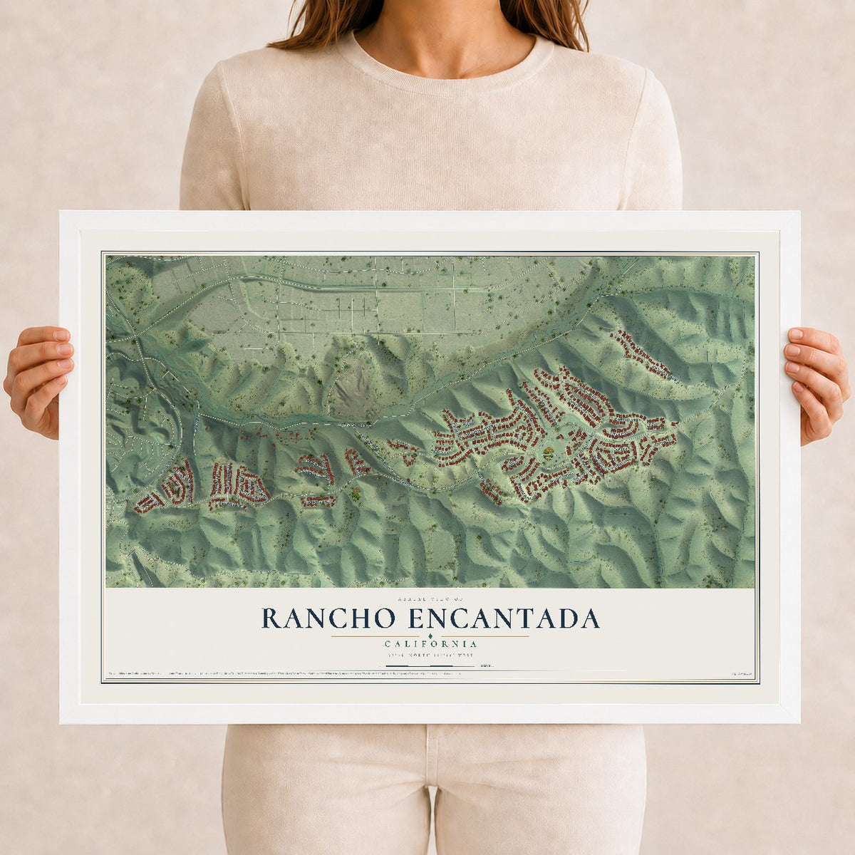 Map of Rancho Encantada, California, 12 x 18 inch print in a white wood frame