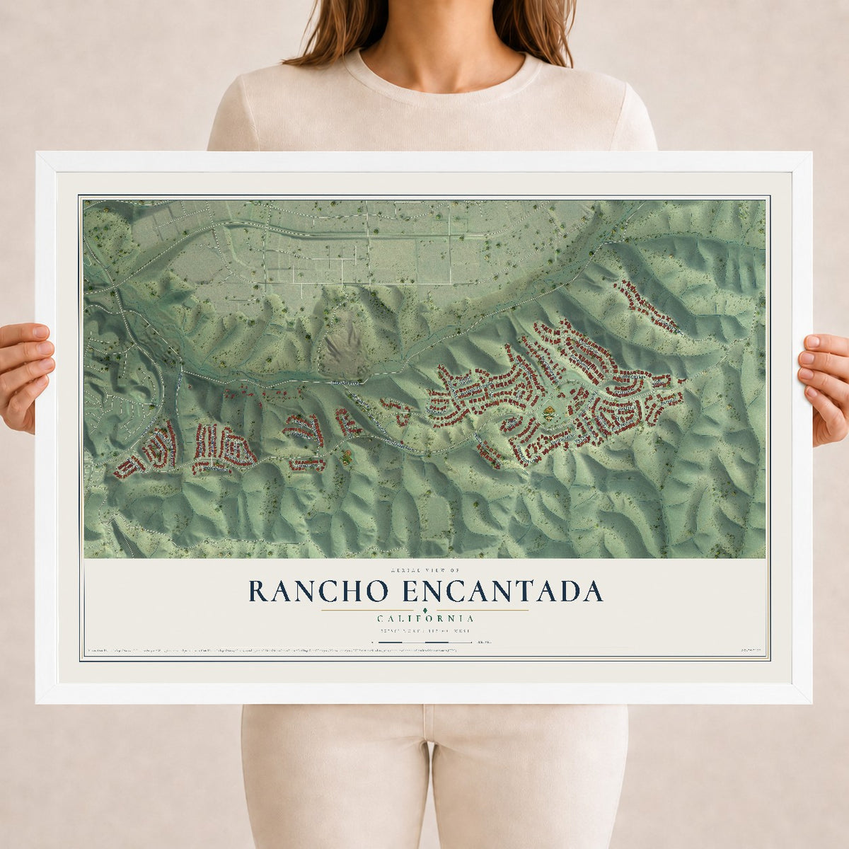Map of Rancho Encantada, California, 18 x 24 inch print in a white wood frame