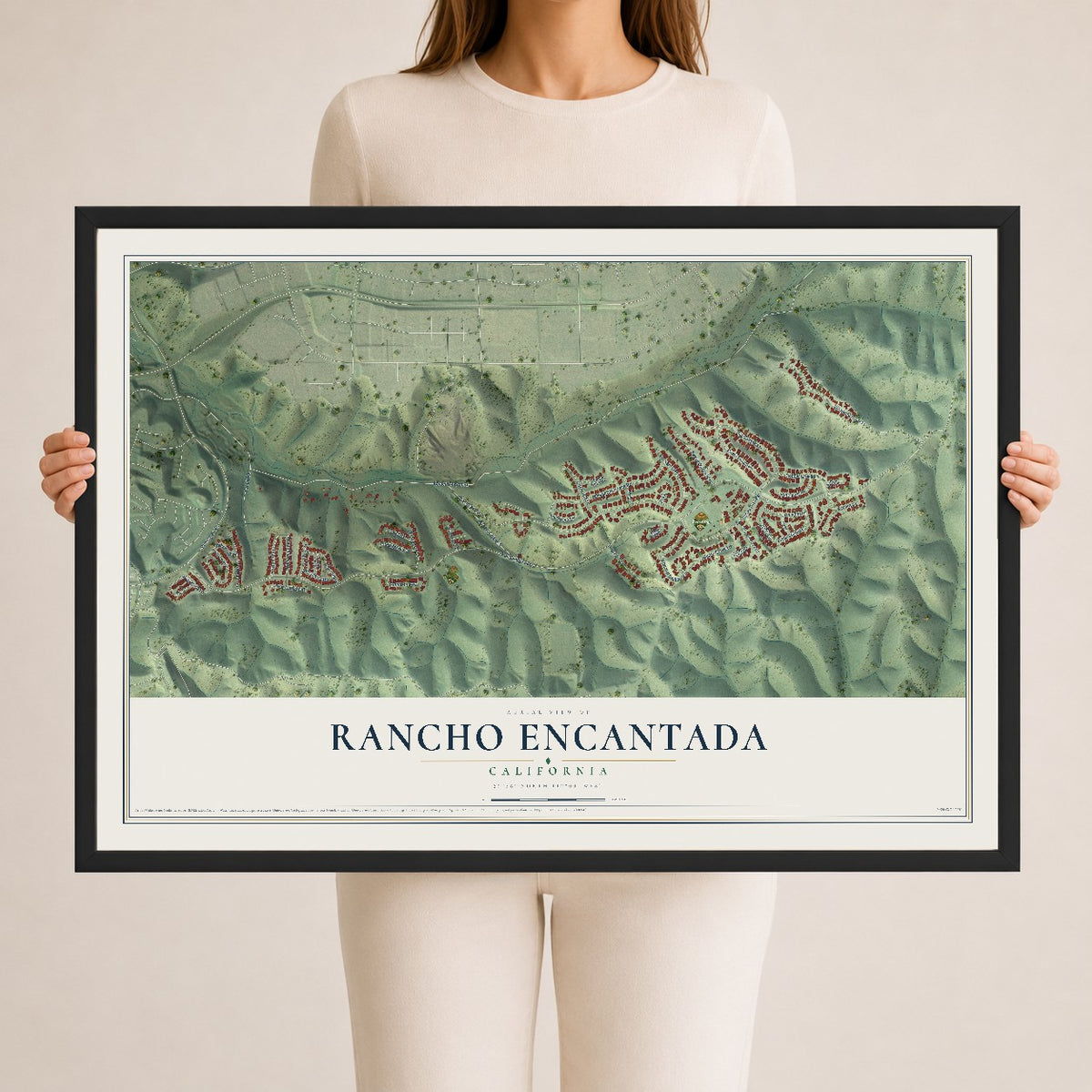 Map of Rancho Encantada, California, 24 x 36 inch print in a black wood frame