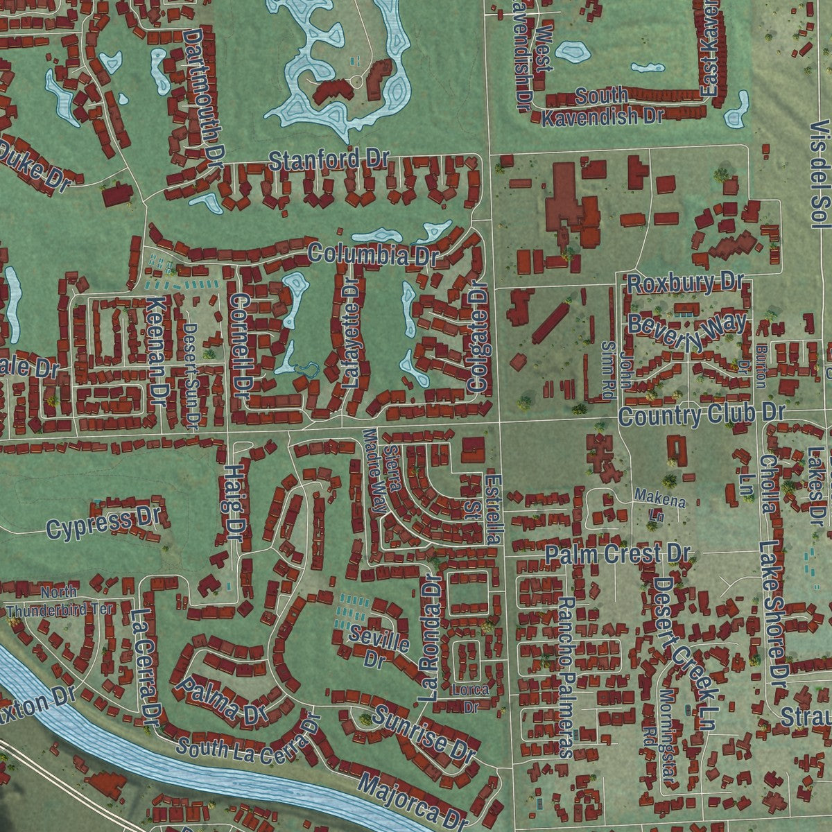Close-up of the map of Rancho Mirage, California print showing street and building detail