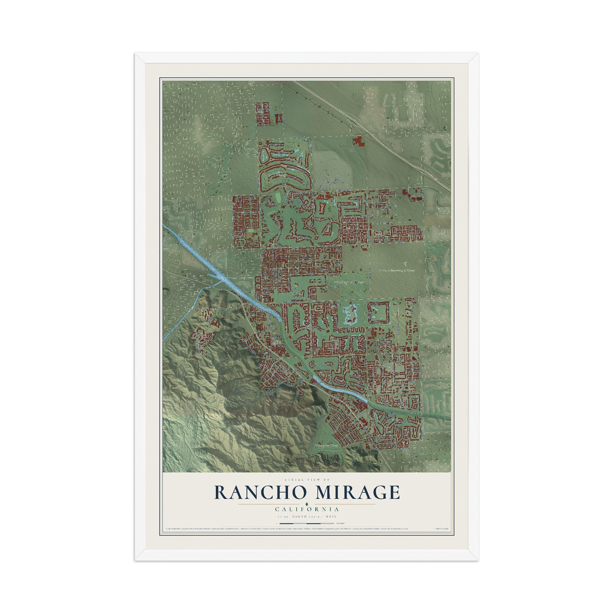 Map of Rancho Mirage, California, 12 x 18 inch print in a white wood frame