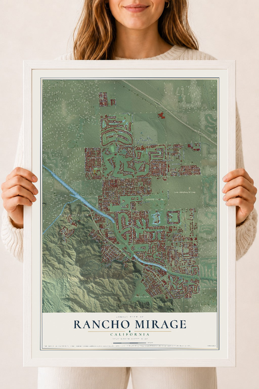 Map of Rancho Mirage, California, 18 x 24 inch print in a white wood frame