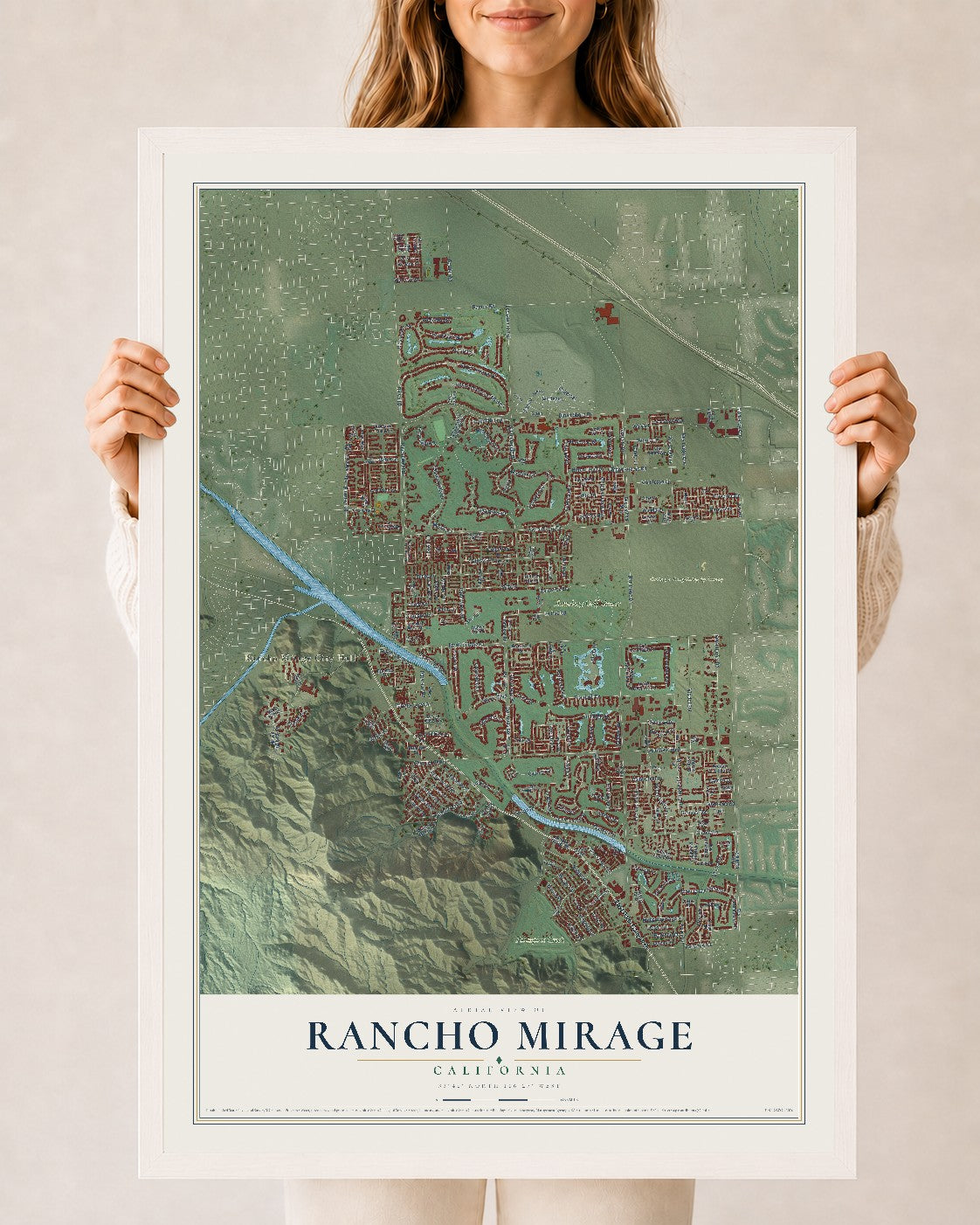 Map of Rancho Mirage, California, 24 x 36 inch print in a white wood frame