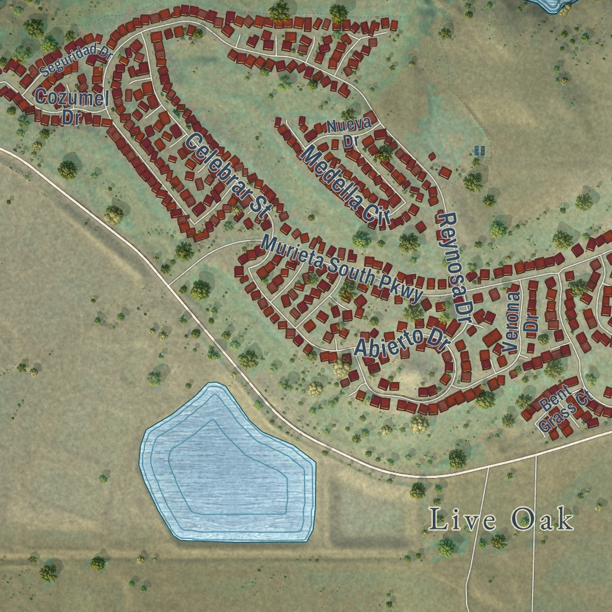 Second close-up of the map of Rancho Murieta, California print showing more streets and buildings