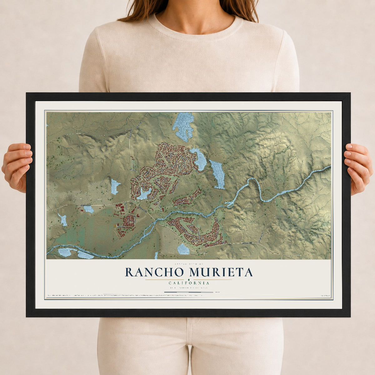 Map of Rancho Murieta, California, 12 x 18 inch print in a black wood frame