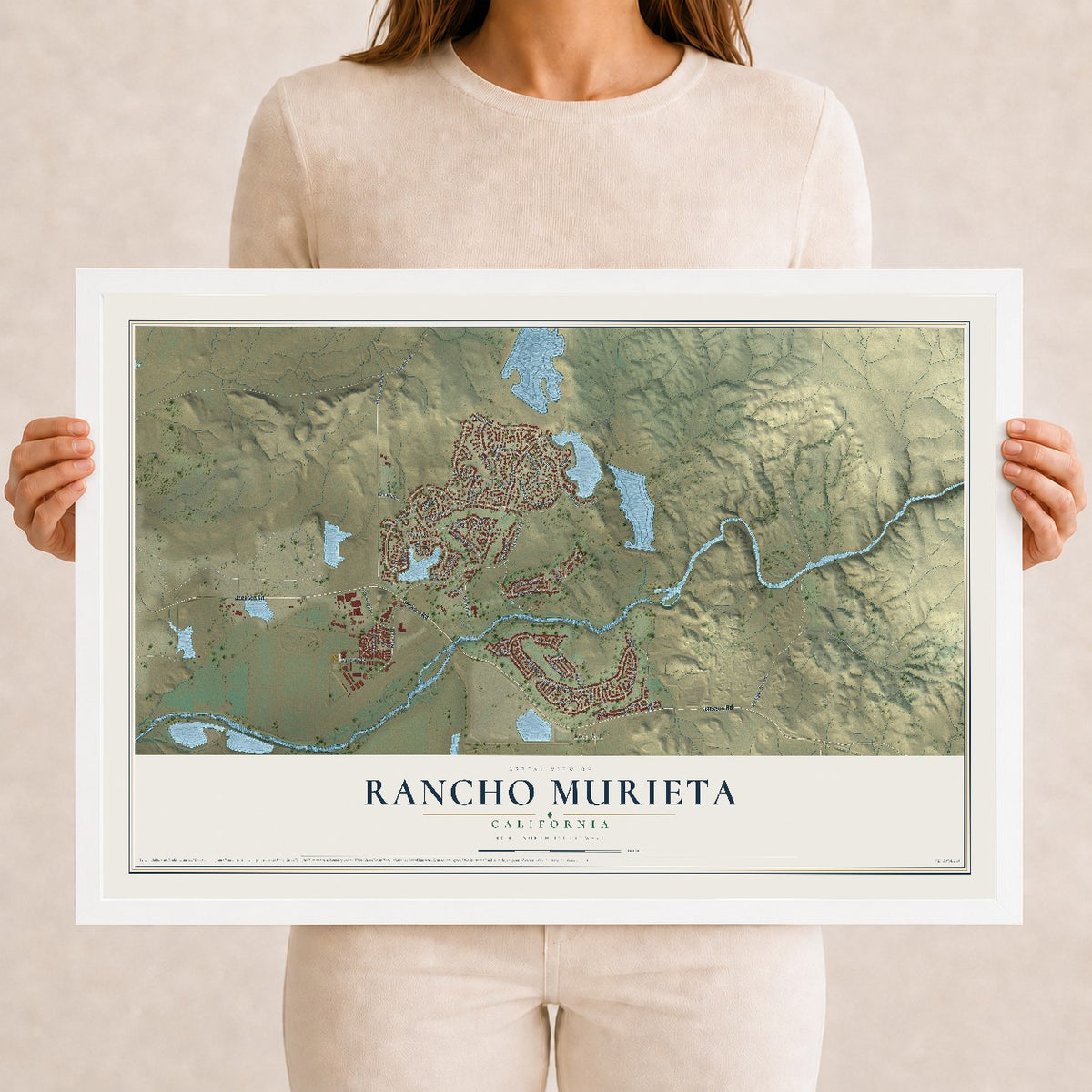 Map of Rancho Murieta, California, 12 x 18 inch print in a white wood frame
