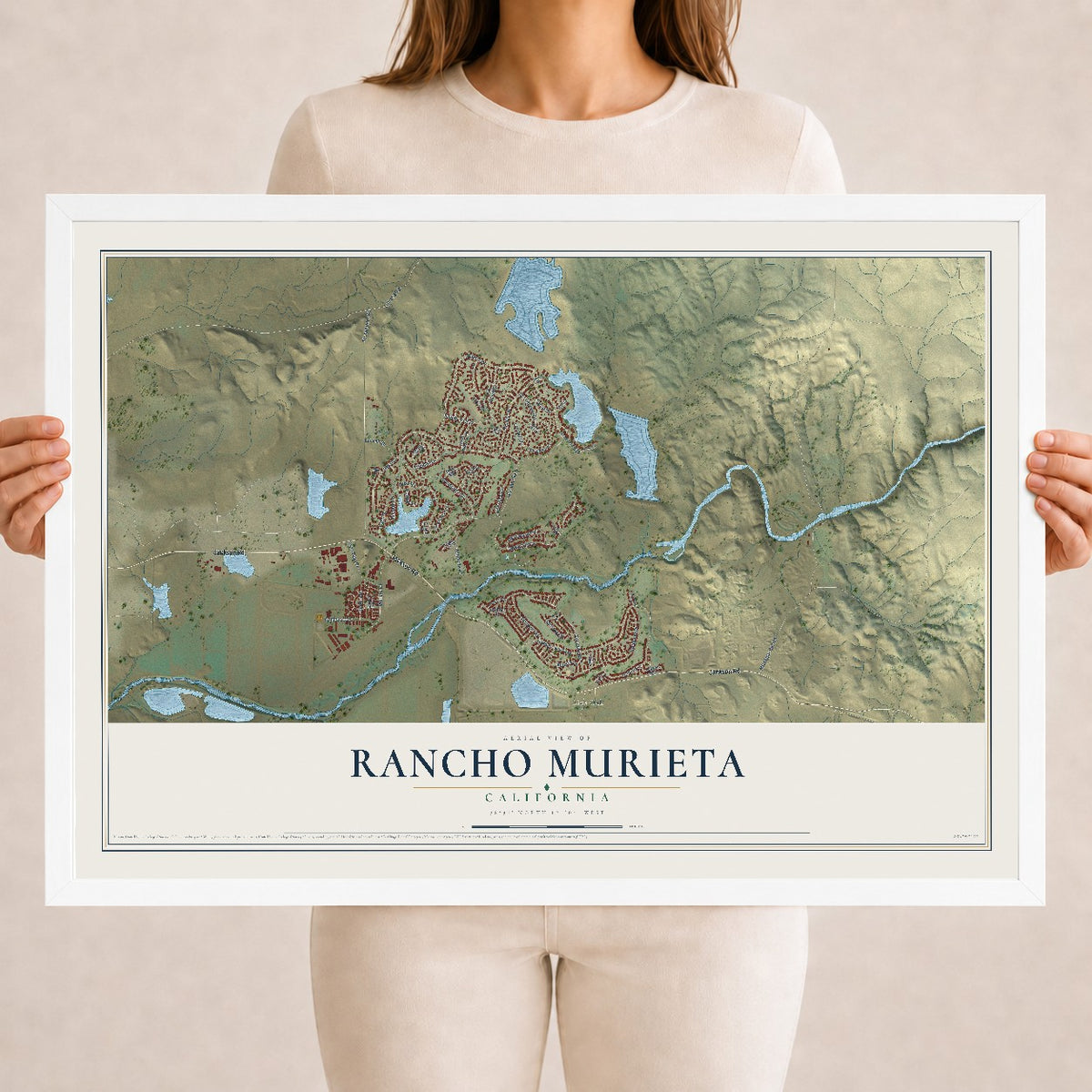 Map of Rancho Murieta, California, 18 x 24 inch print in a white wood frame