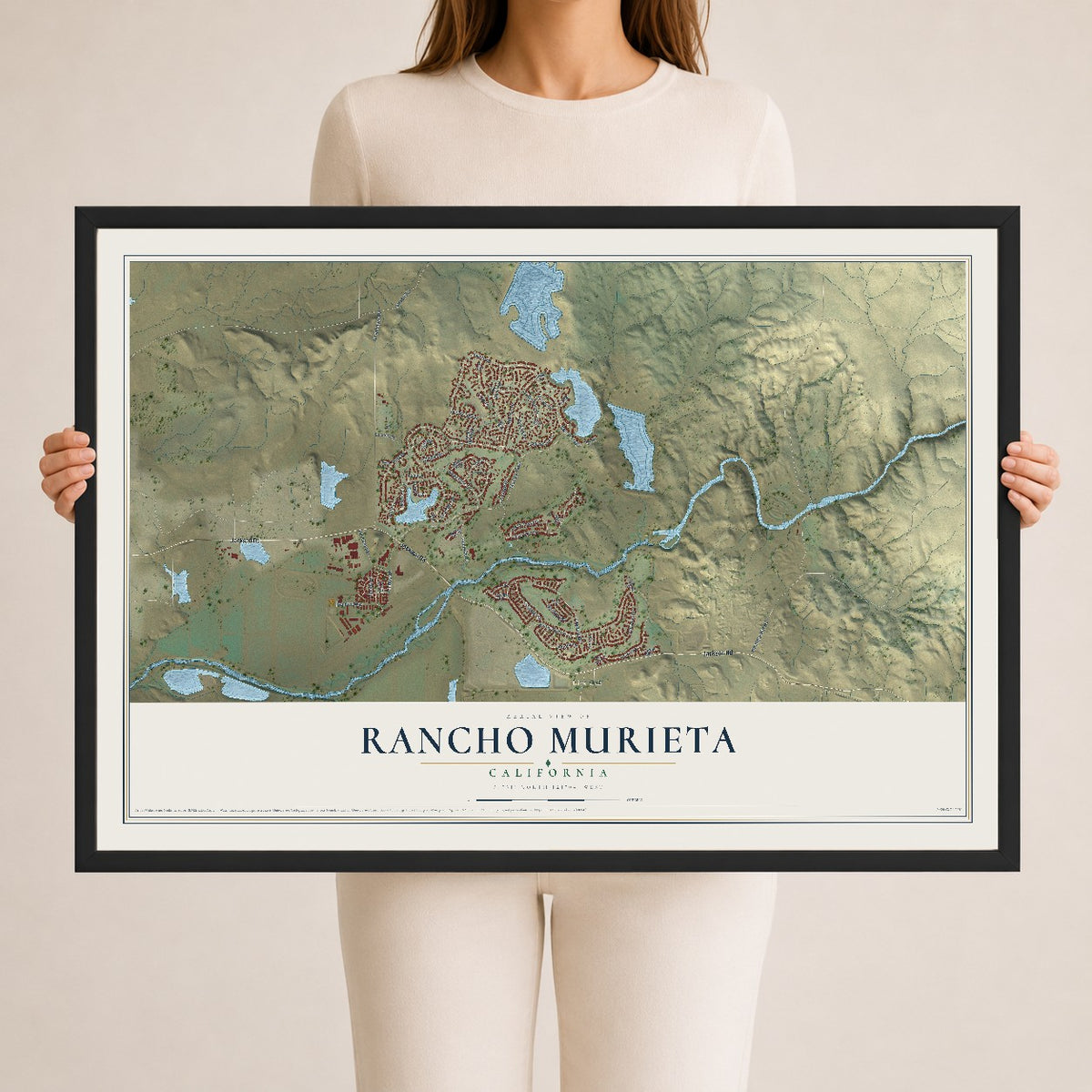 Map of Rancho Murieta, California, 24 x 36 inch print in a black wood frame