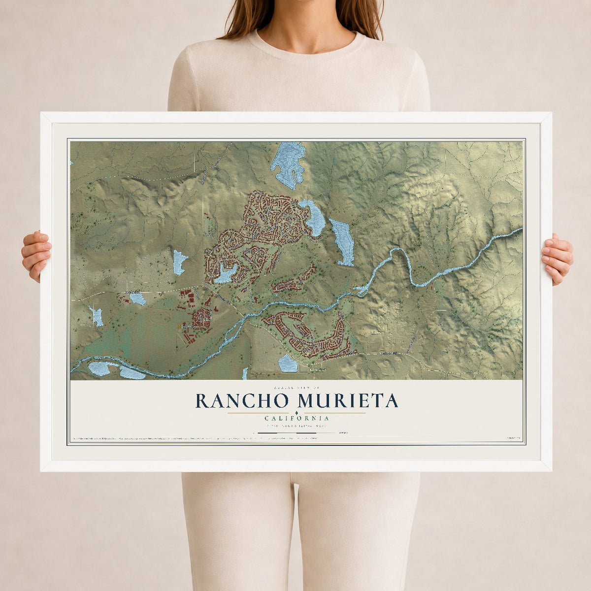Map of Rancho Murieta, California, 24 x 36 inch print in a white wood frame