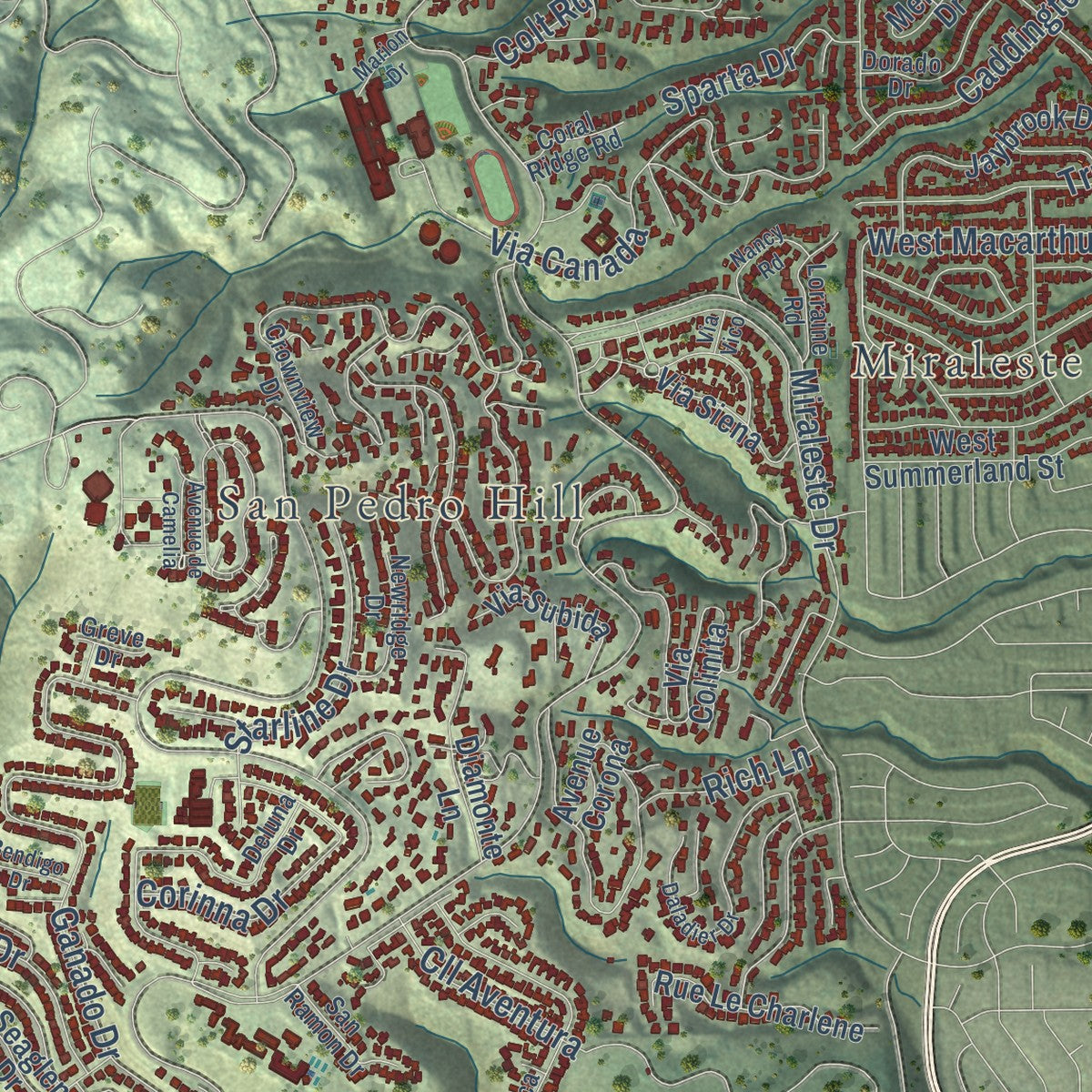 Second close-up of the map of Rancho Palos Verdes, California print showing more streets and buildings