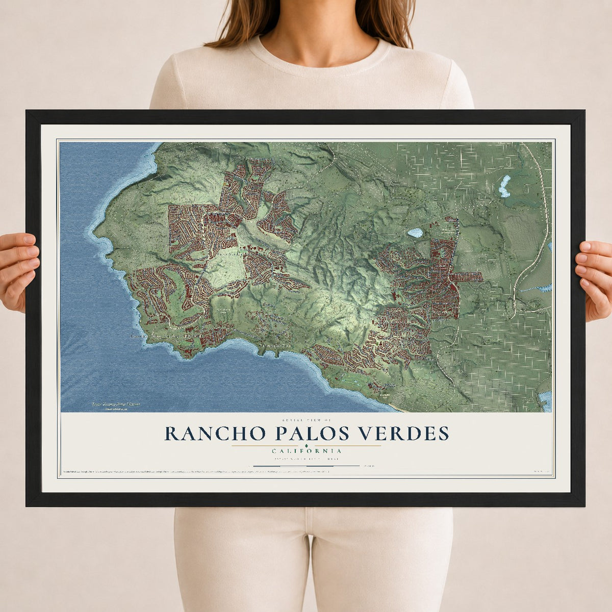 Map of Rancho Palos Verdes, California, 18 x 24 inch print in a black wood frame