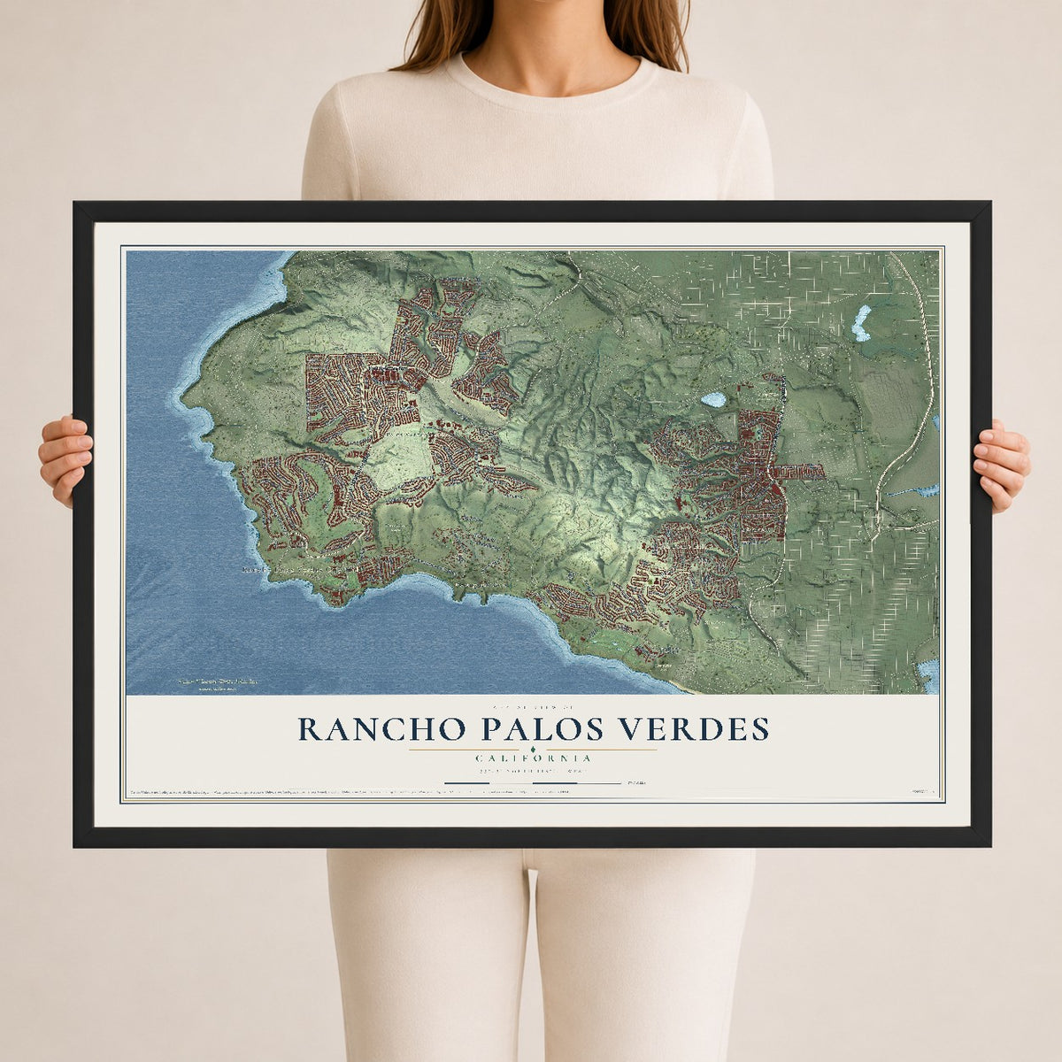 Map of Rancho Palos Verdes, California, 24 x 36 inch print in a black wood frame